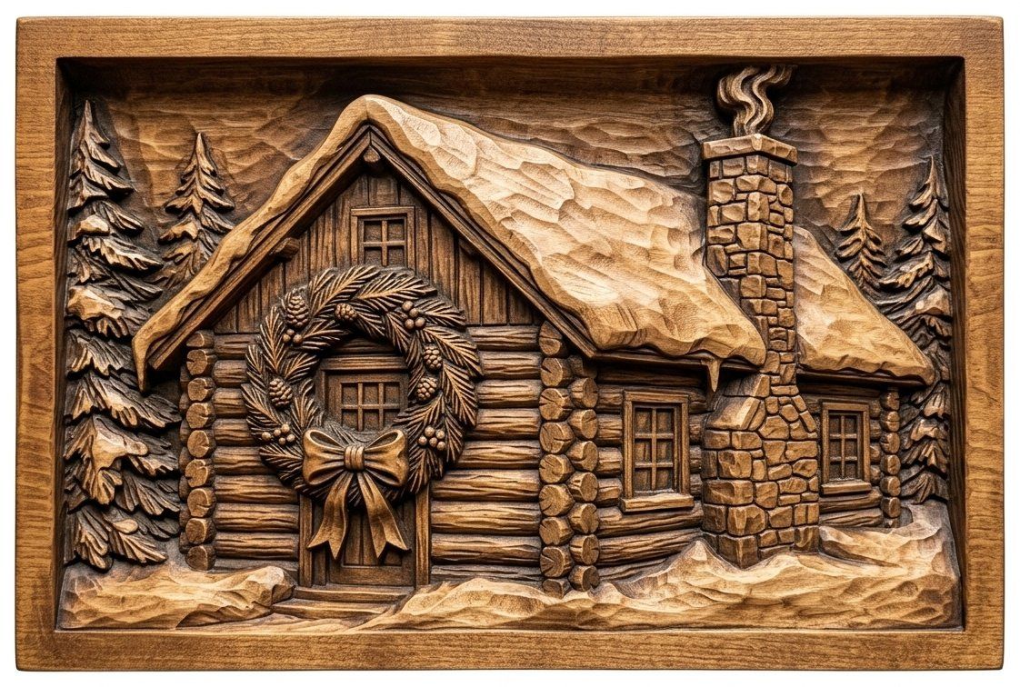 Snowy Winter Log Cabin Christmas Wreath CNC Relief STL bas-relief STL — view 4