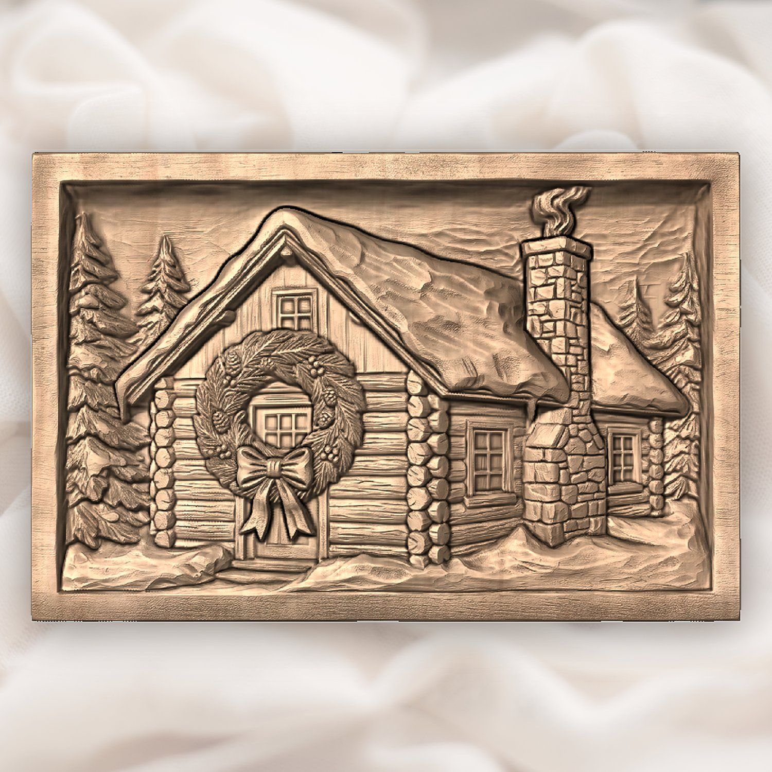 Snowy Winter Log Cabin Christmas Wreath CNC Relief STL bas-relief STL — view 5