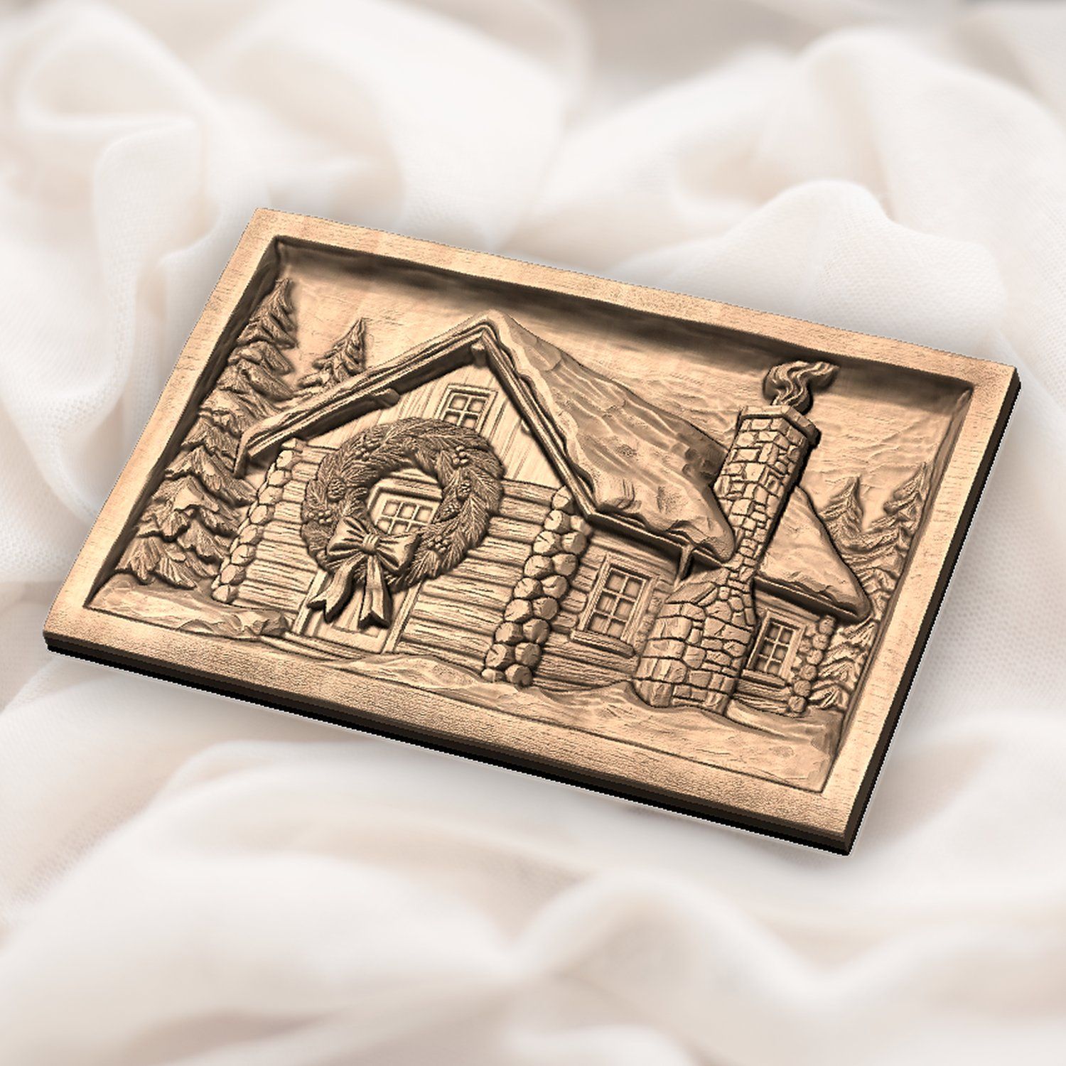 Snowy Winter Log Cabin Christmas Wreath CNC Relief STL bas-relief STL — view 6