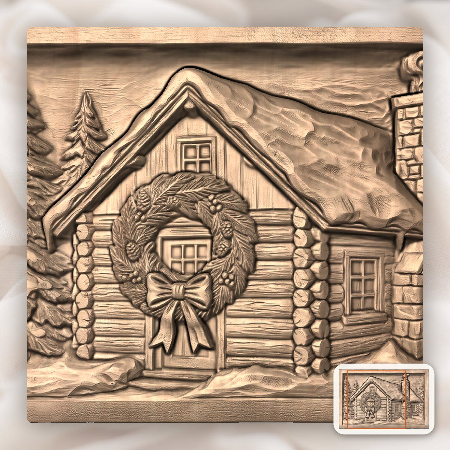 Snowy Winter Log Cabin Christmas Wreath CNC Relief STL bas-relief STL — view 7