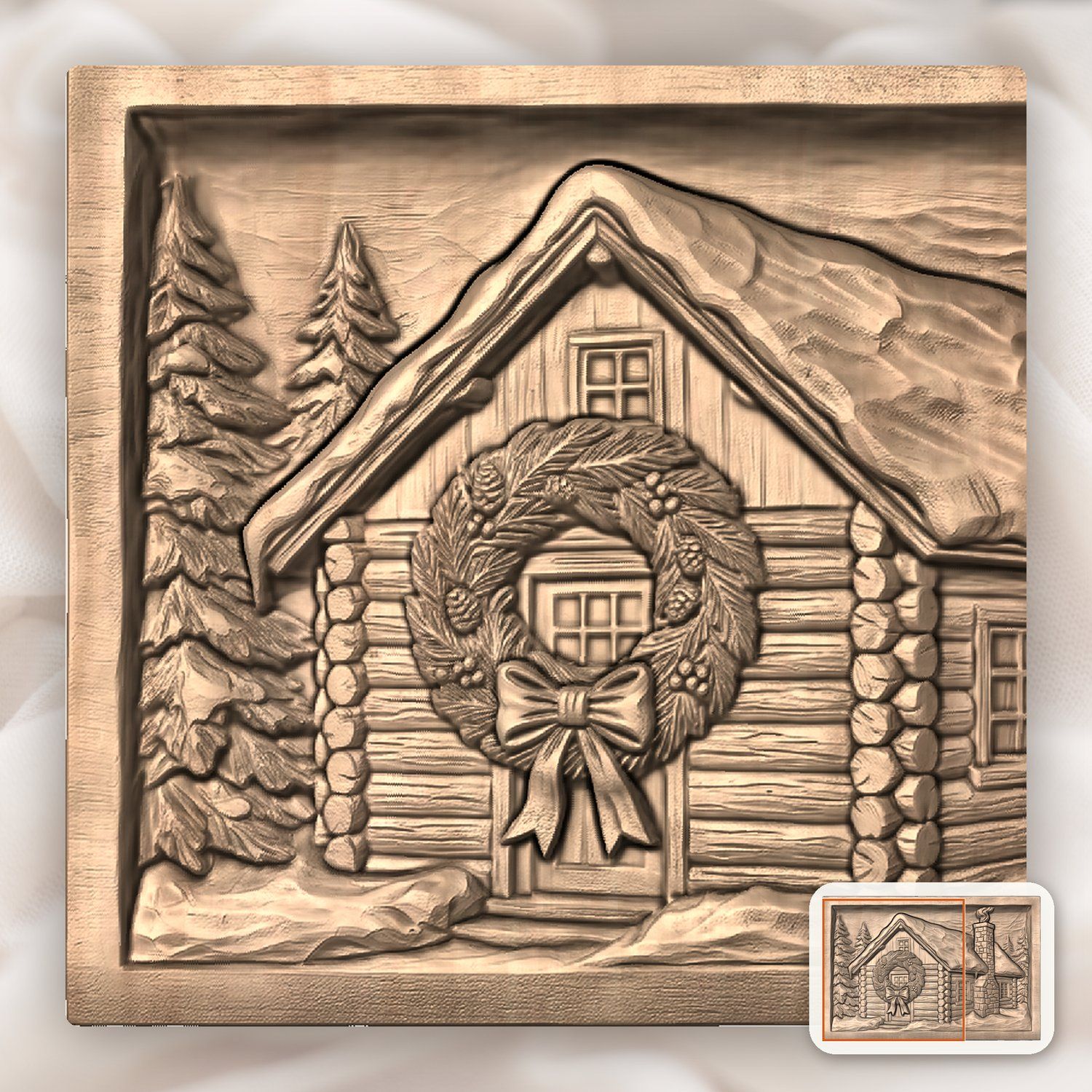 Snowy Winter Log Cabin Christmas Wreath CNC Relief STL bas-relief STL — view 8