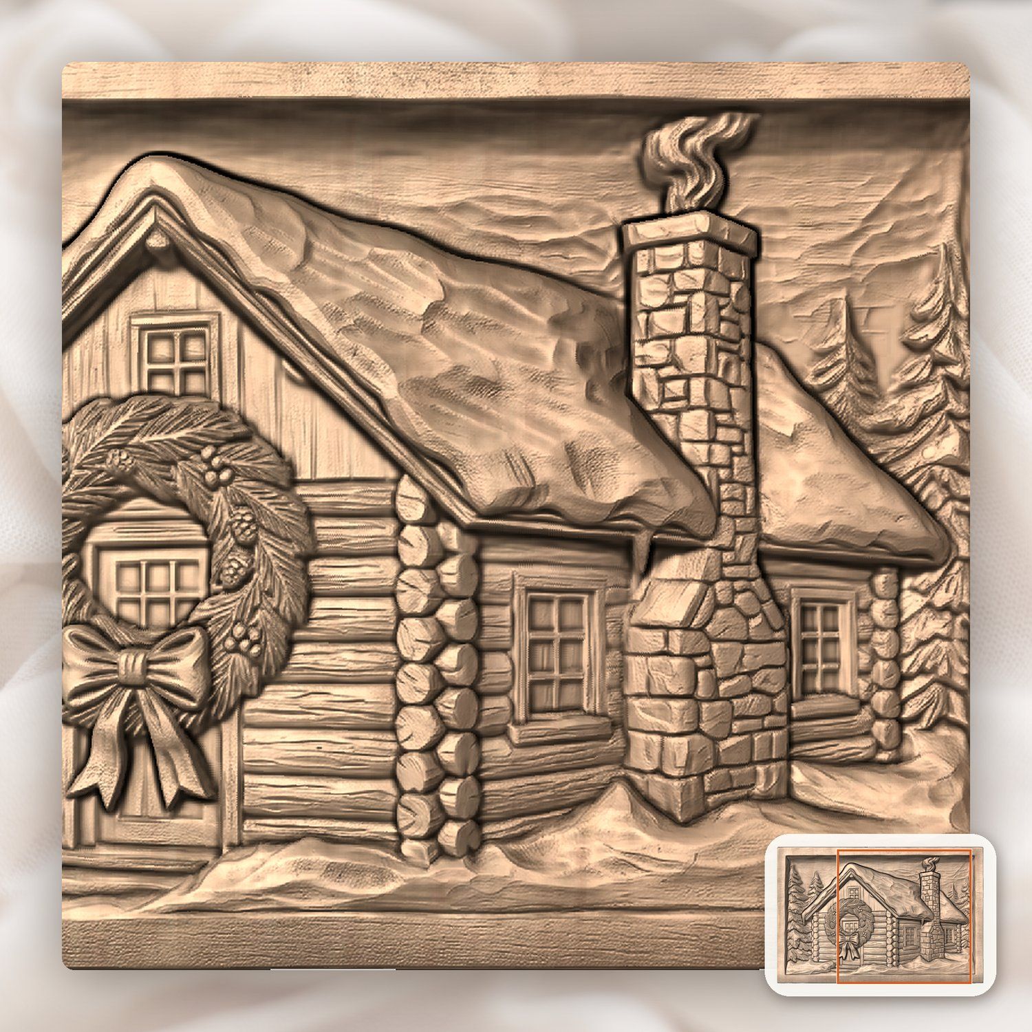 Snowy Winter Log Cabin Christmas Wreath CNC Relief STL bas-relief STL — view 9