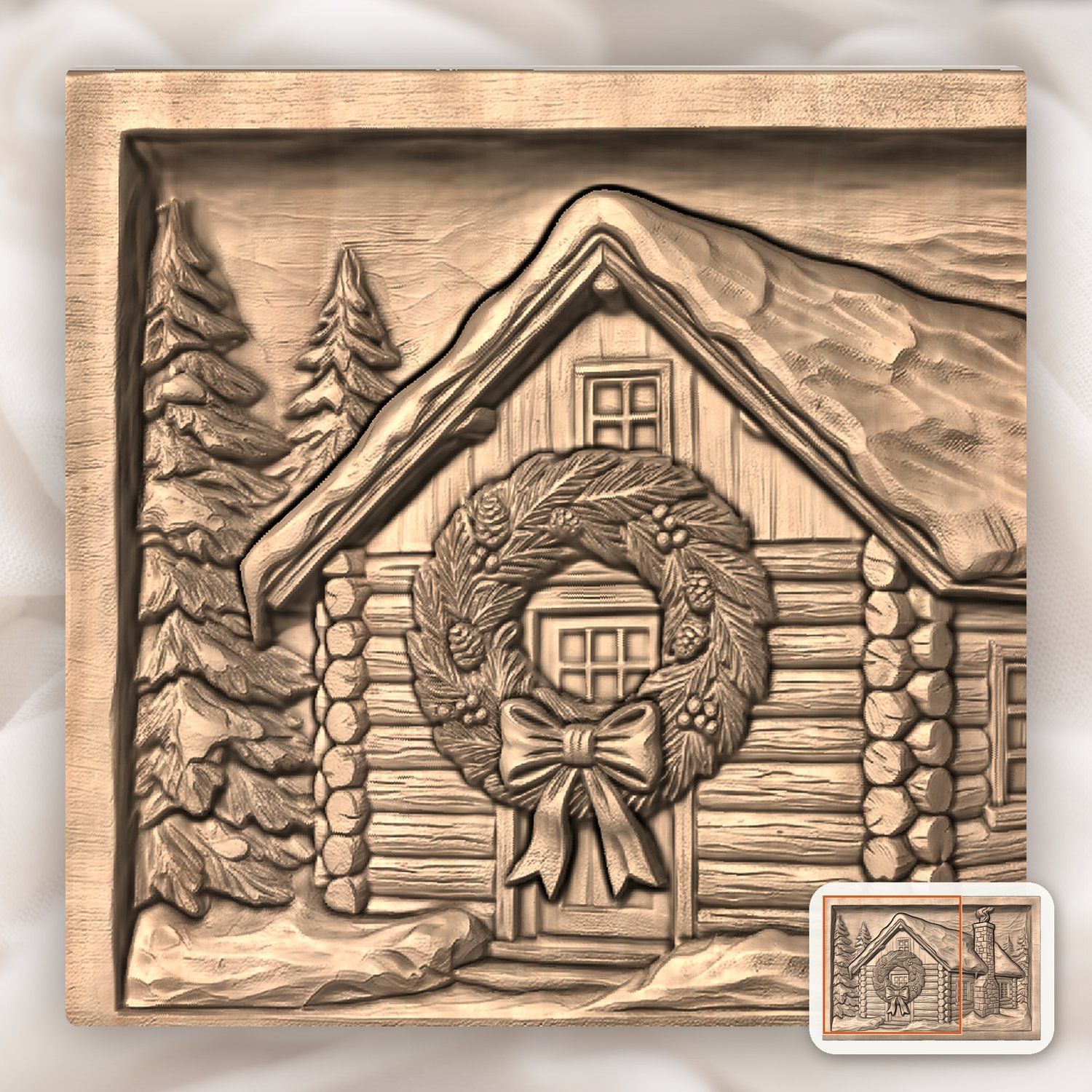 Snowy Winter Log Cabin Christmas Wreath CNC Relief STL bas-relief STL — view 10
