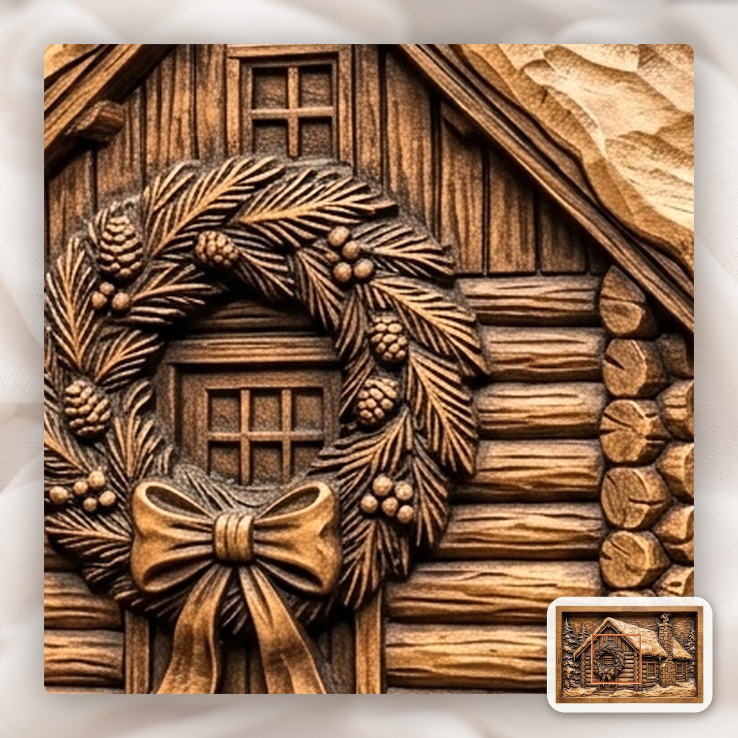Snowy Winter Log Cabin Christmas Wreath CNC Relief STL bas-relief STL — view 11