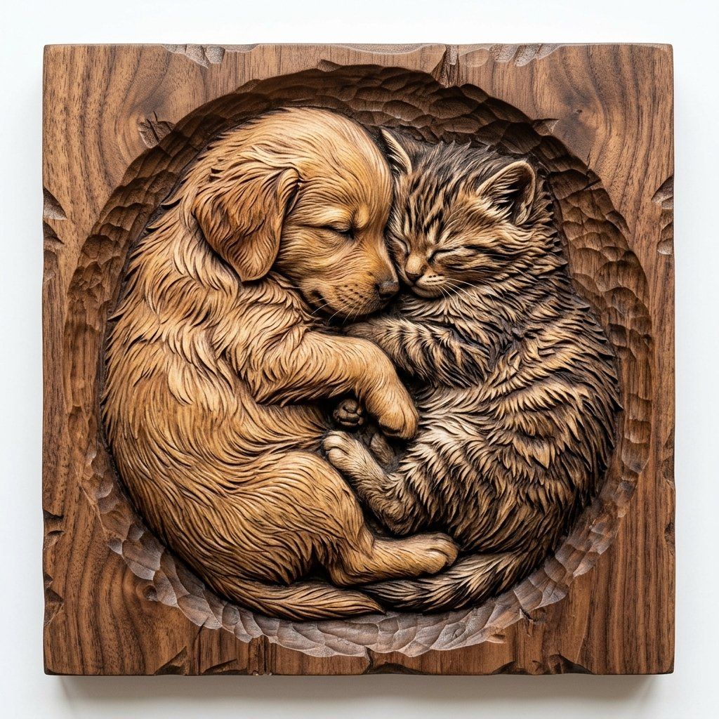 Snuggling Golden Retriever Puppy and Kitten CNC Relief STL | Animal Companion Wall Art | Sleeping Pet Decor Panel | Rustic Wood Carving — carved bas relief STL file for CNC