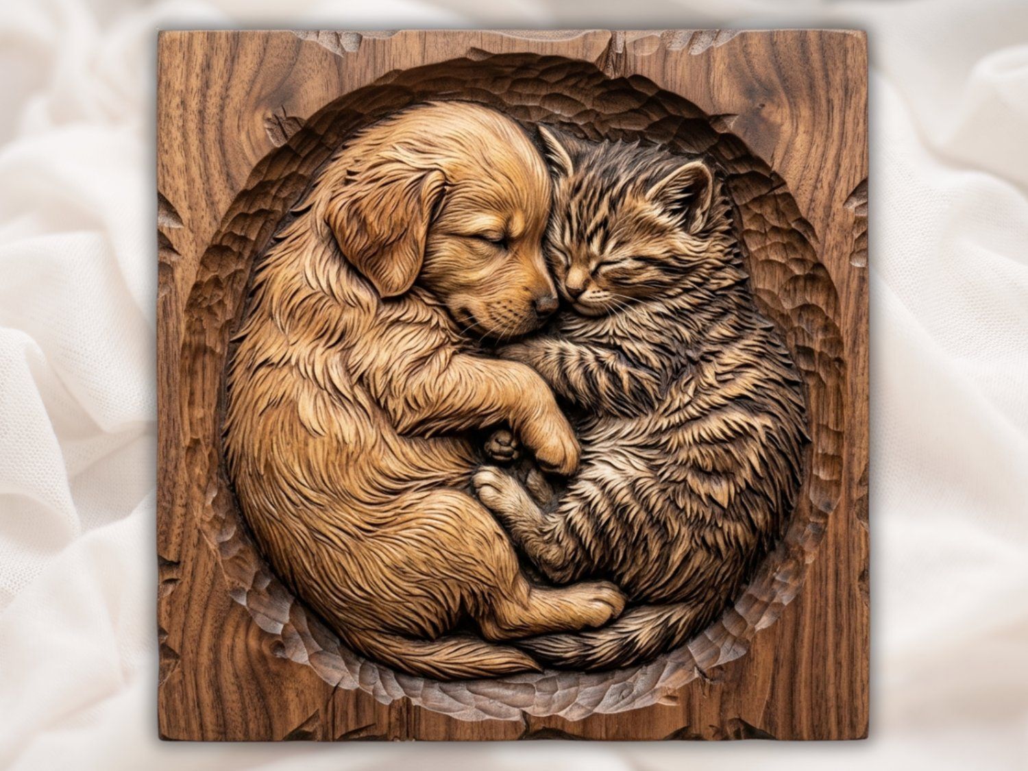 Snuggling Golden Retriever Puppy and Kitten CNC Relief STL bas-relief STL — view 2