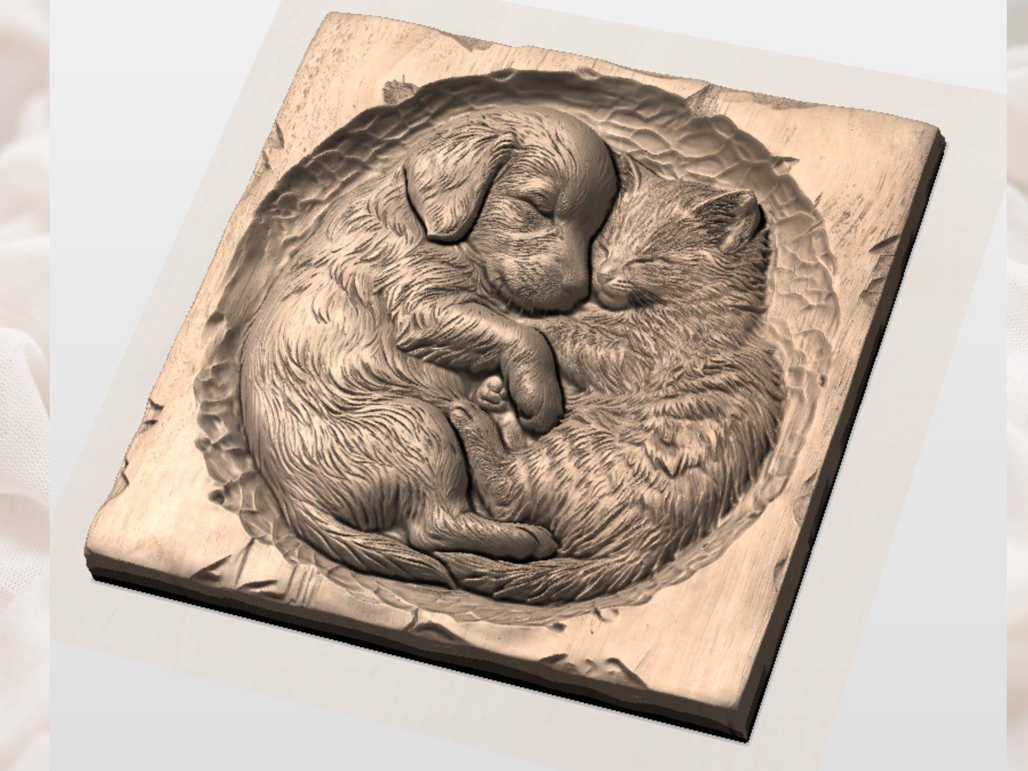 Snuggling Golden Retriever Puppy and Kitten CNC Relief STL bas-relief STL — view 3