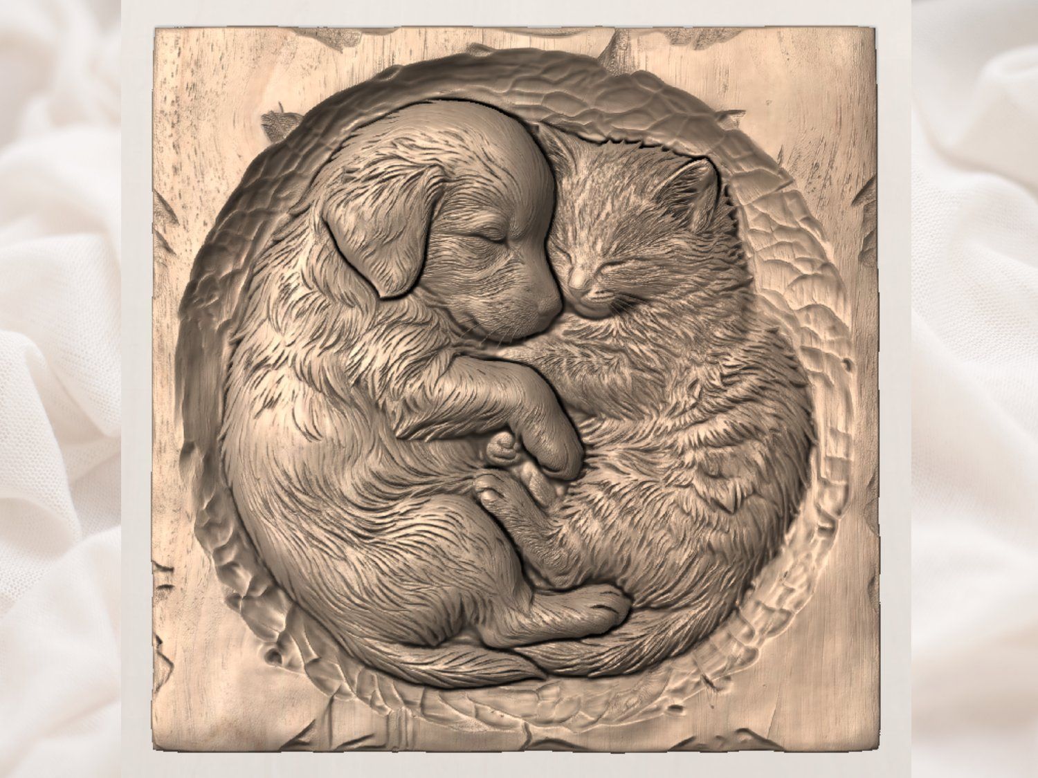 Snuggling Golden Retriever Puppy and Kitten CNC Relief STL bas-relief STL — view 4
