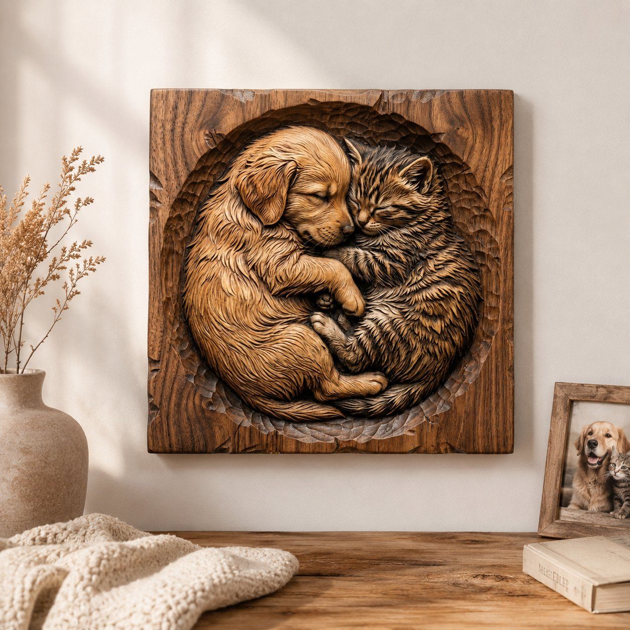 Snuggling Golden Retriever Puppy and Kitten CNC Relief STL bas-relief STL — view 5