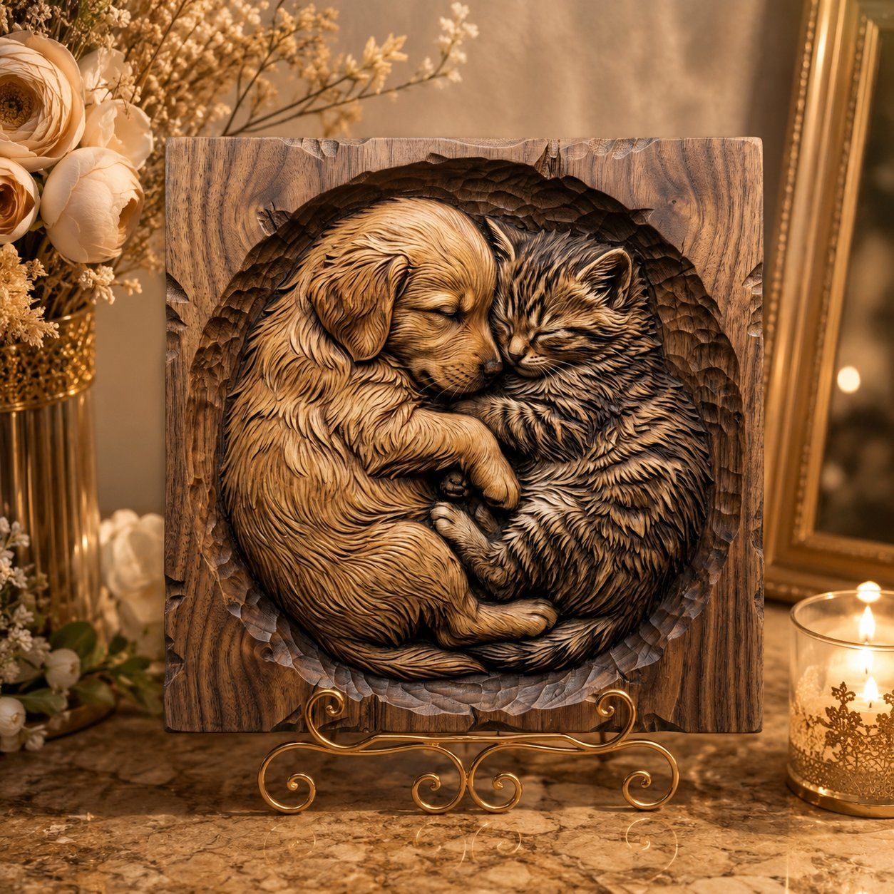 Snuggling Golden Retriever Puppy and Kitten CNC Relief STL bas-relief STL — view 6