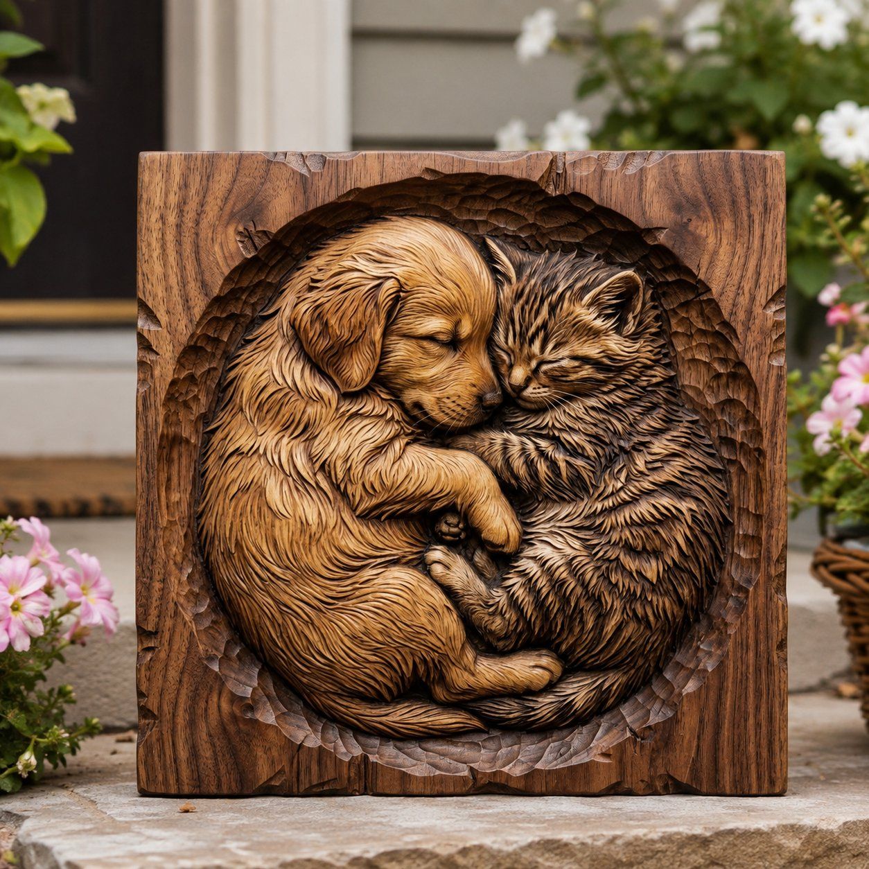 Snuggling Golden Retriever Puppy and Kitten CNC Relief STL bas-relief STL — view 7