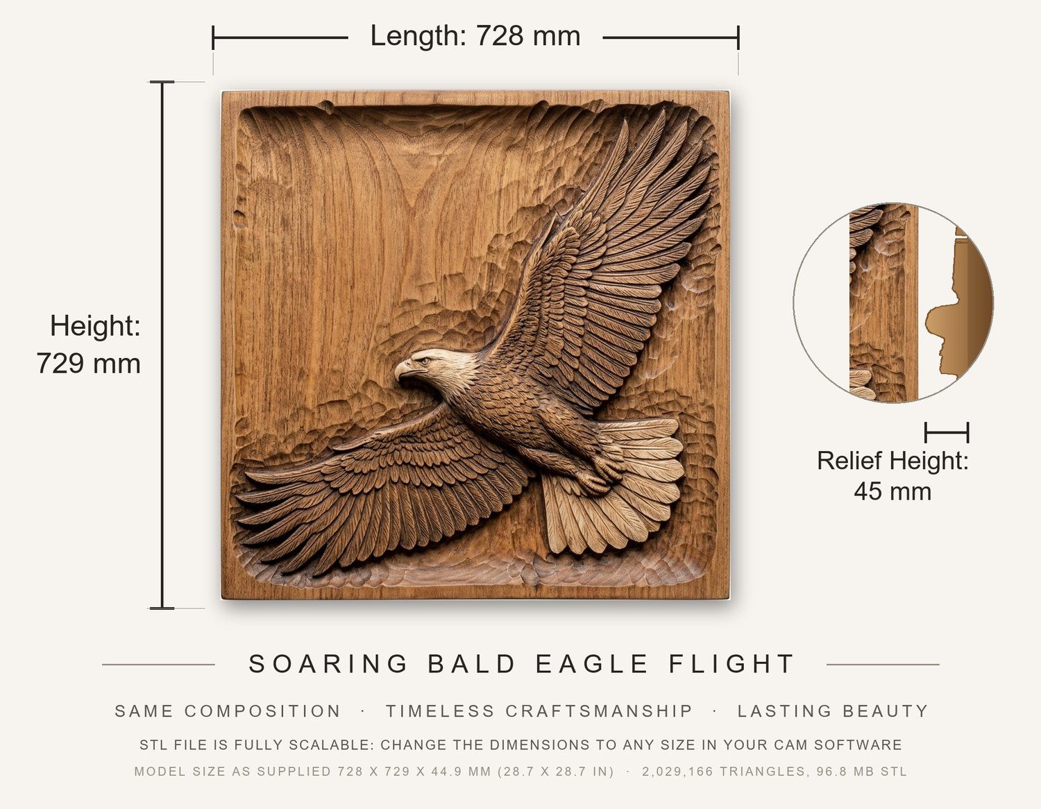 Soaring Bald Eagle Flight CNC Relief STL bas-relief STL — view 3