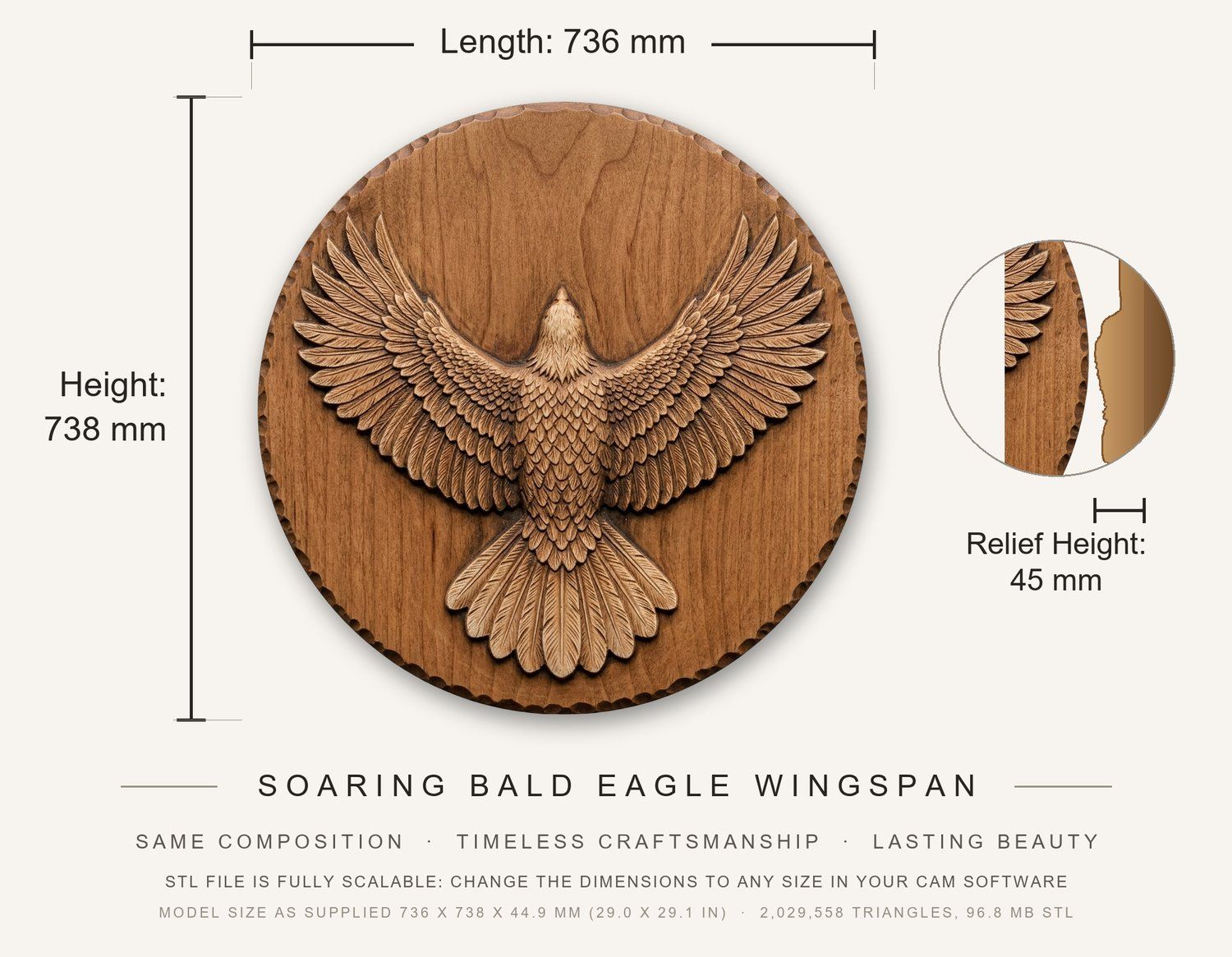 Soaring Bald Eagle Wingspan CNC Relief STL bas-relief STL — view 3