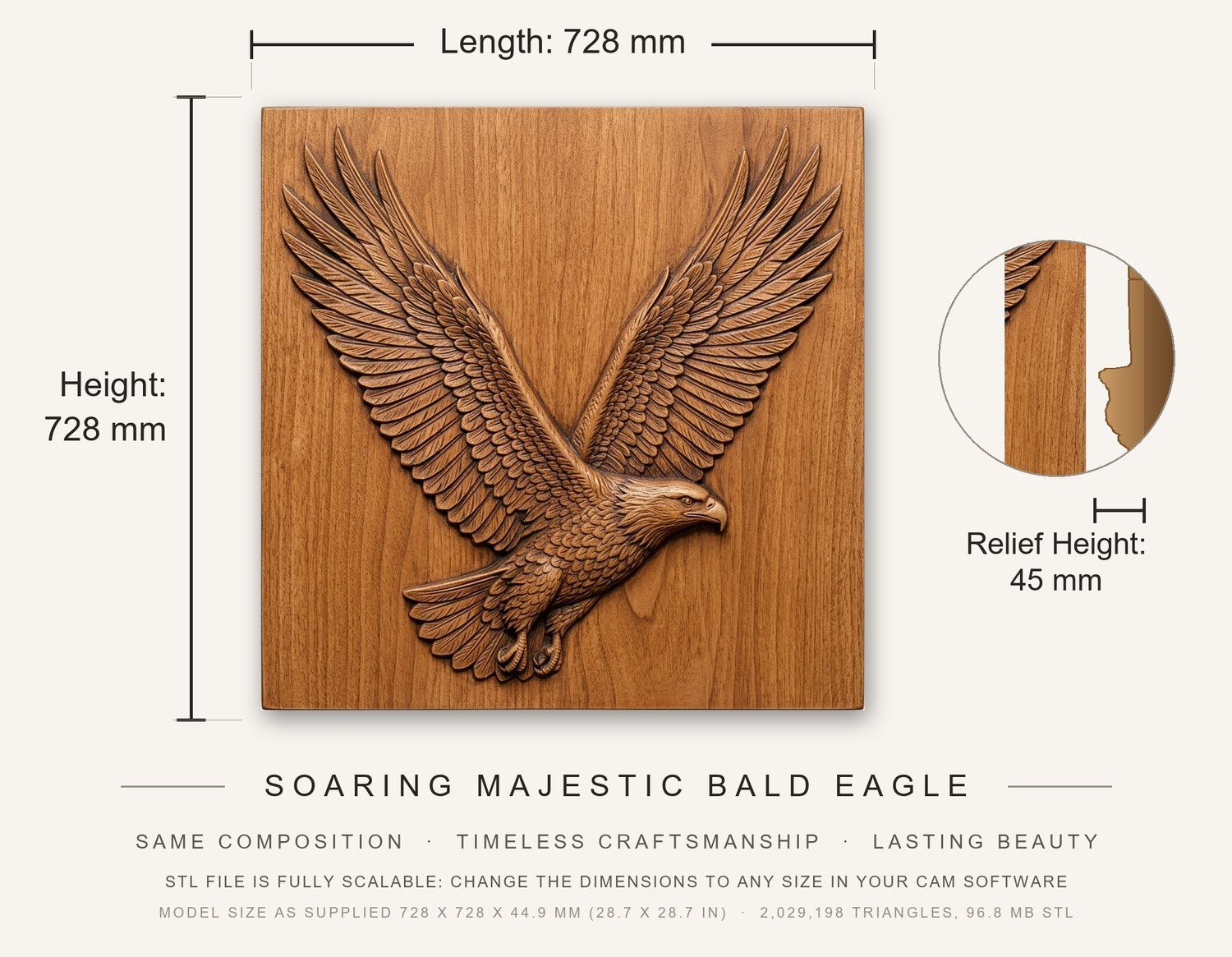 Soaring Majestic Bald Eagle CNC Relief STL bas-relief STL — view 3