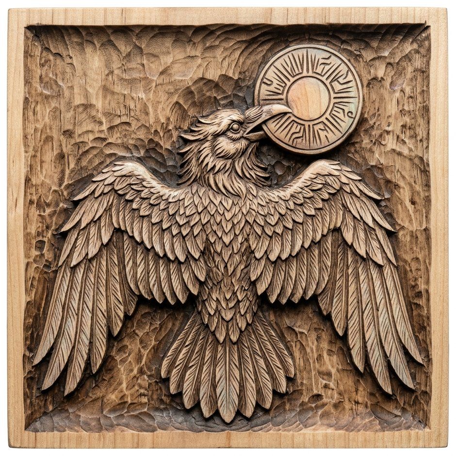 Solar Raven Wall Art Panel | Mythological Phoenix Wood Carving Design | Sun Catcher Relief For CNC Router Projects — carved bas relief STL file for CNC