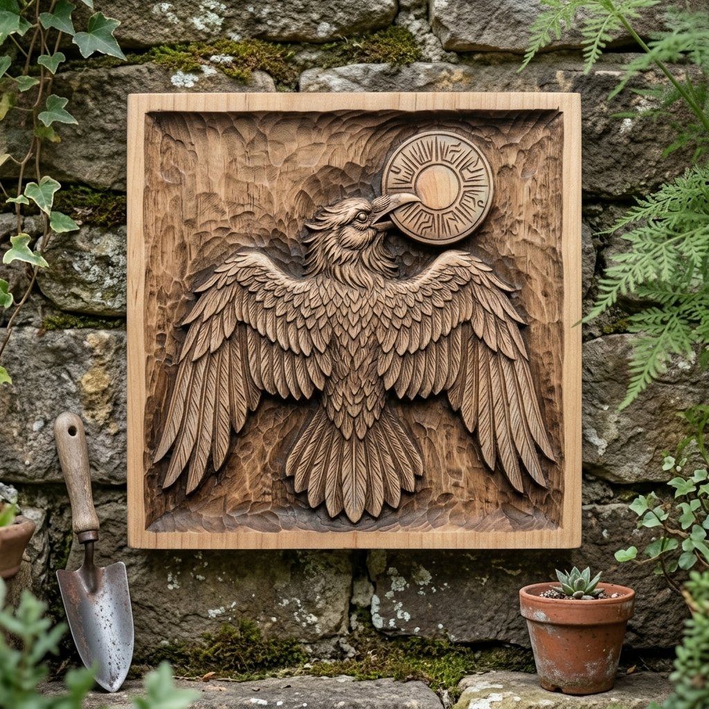 Solar Raven Wall Art Panel bas-relief STL — view 10