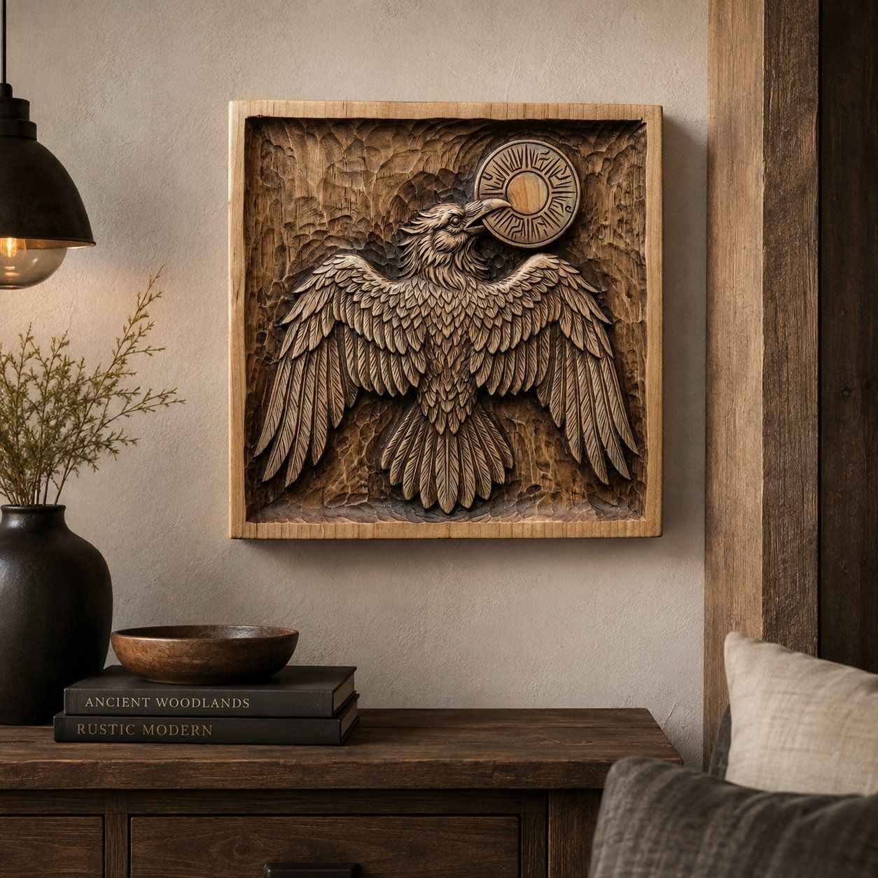 Solar Raven Wall Art Panel bas-relief STL — view 3