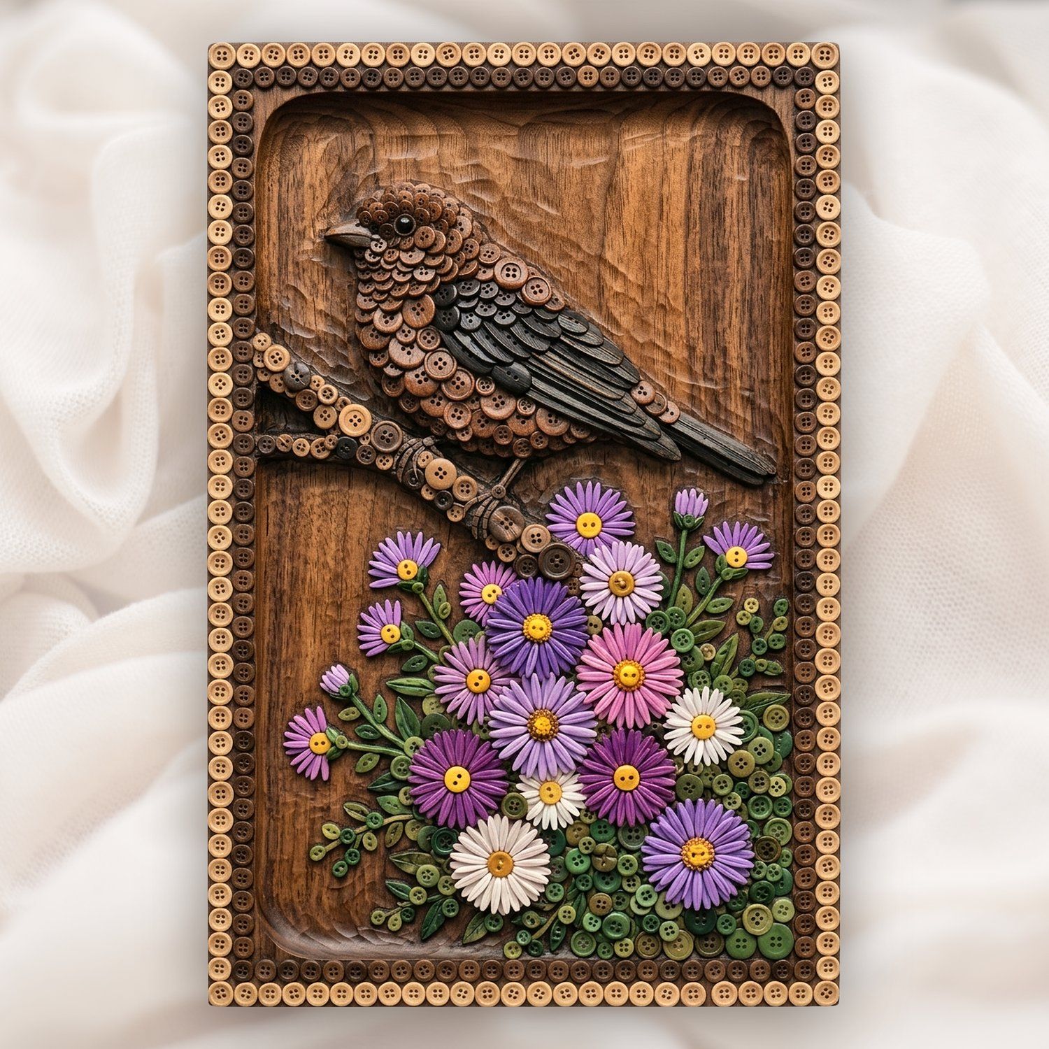 Songbird and Flower Button Mosaic CNC Relief STL | Whimsical Nature Wall Art | Decorative Bird Wood Carving Panel — carved bas relief STL file for CNC