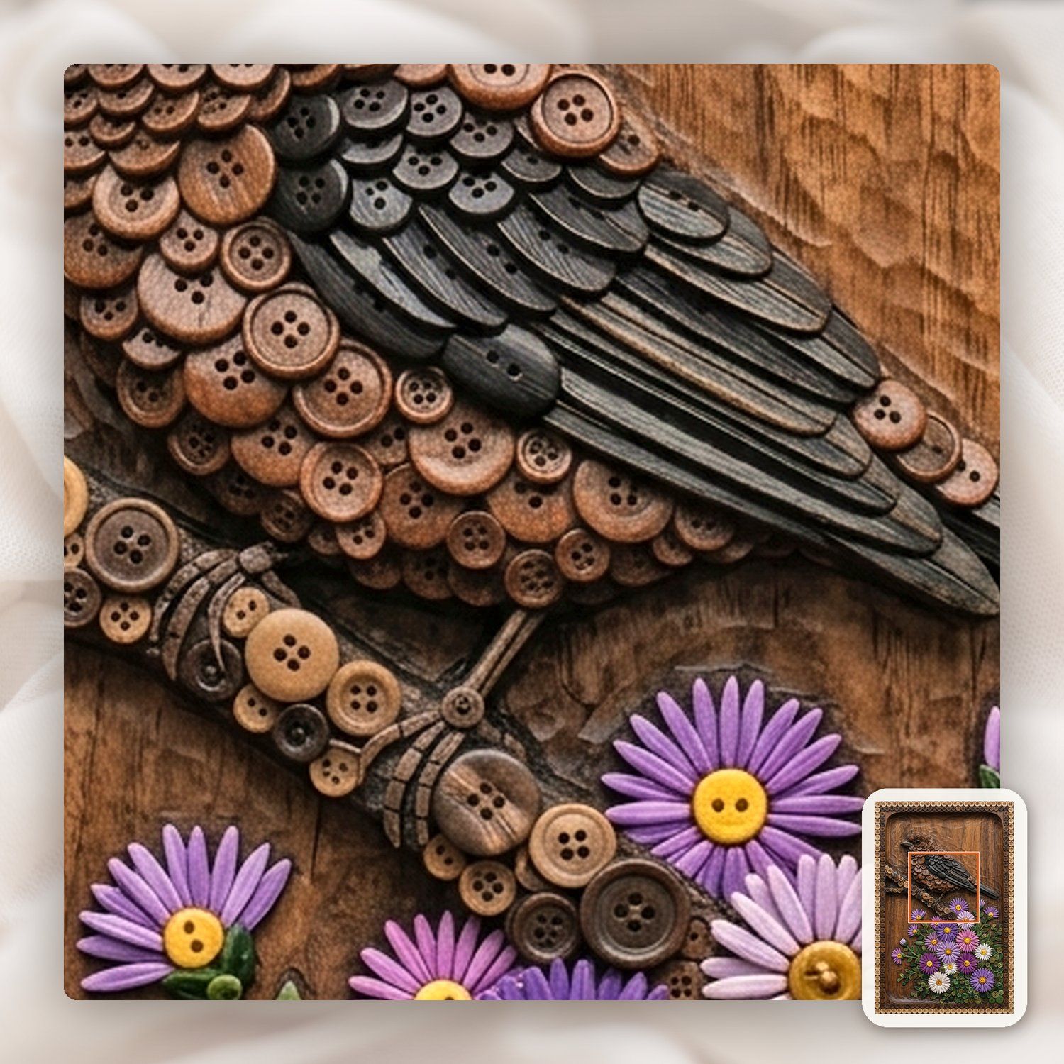 Songbird and Flower Button Mosaic CNC Relief STL bas-relief STL — view 11
