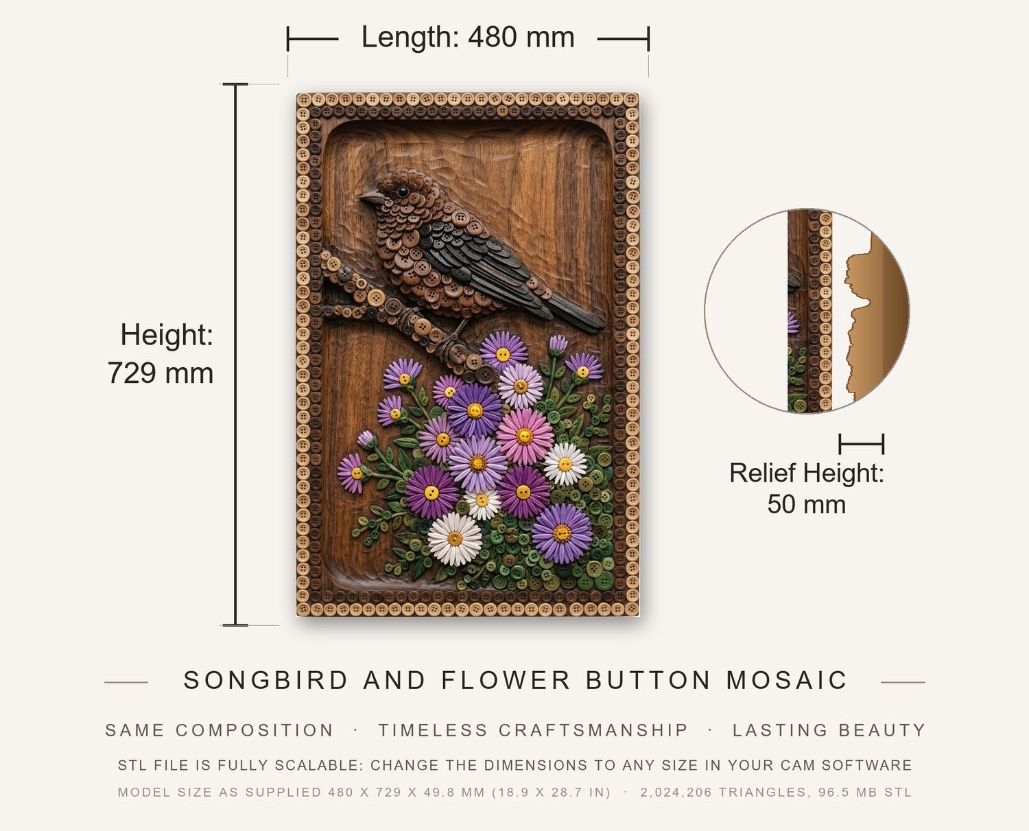 Songbird and Flower Button Mosaic CNC Relief STL bas-relief STL — view 3