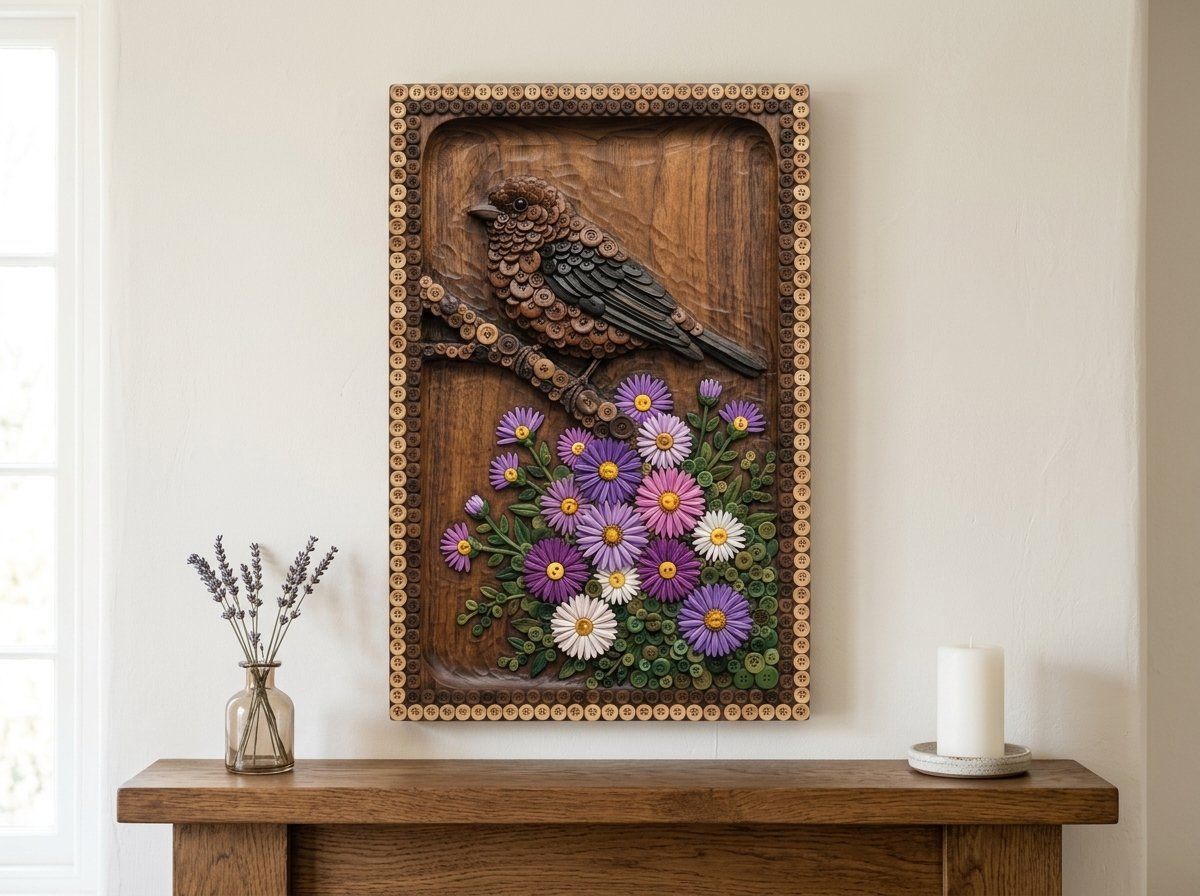 Songbird and Flower Button Mosaic CNC Relief STL bas-relief STL — view 13