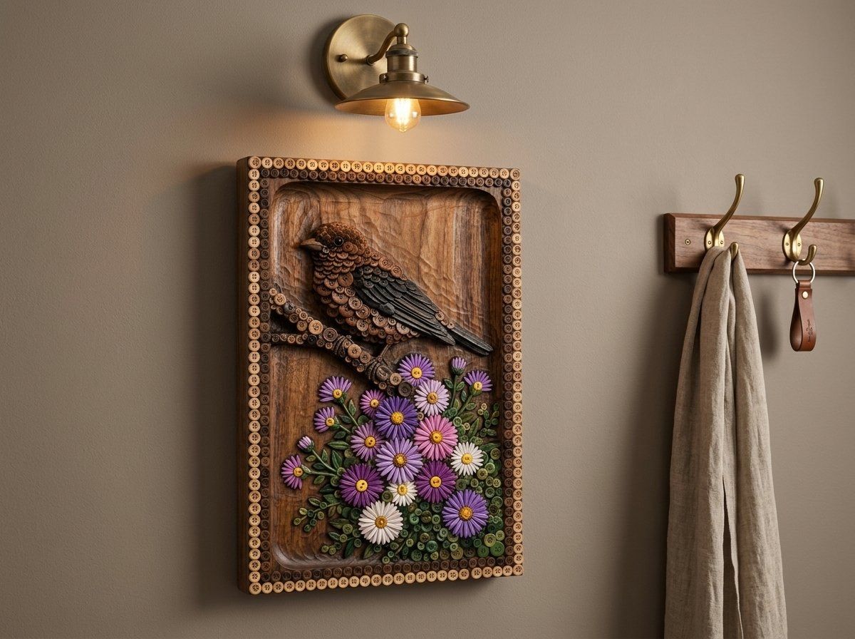 Songbird and Flower Button Mosaic CNC Relief STL bas-relief STL — view 14