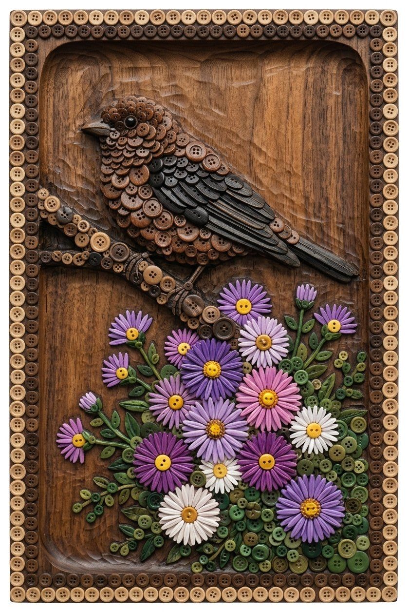 Songbird and Flower Button Mosaic CNC Relief STL bas-relief STL — view 12