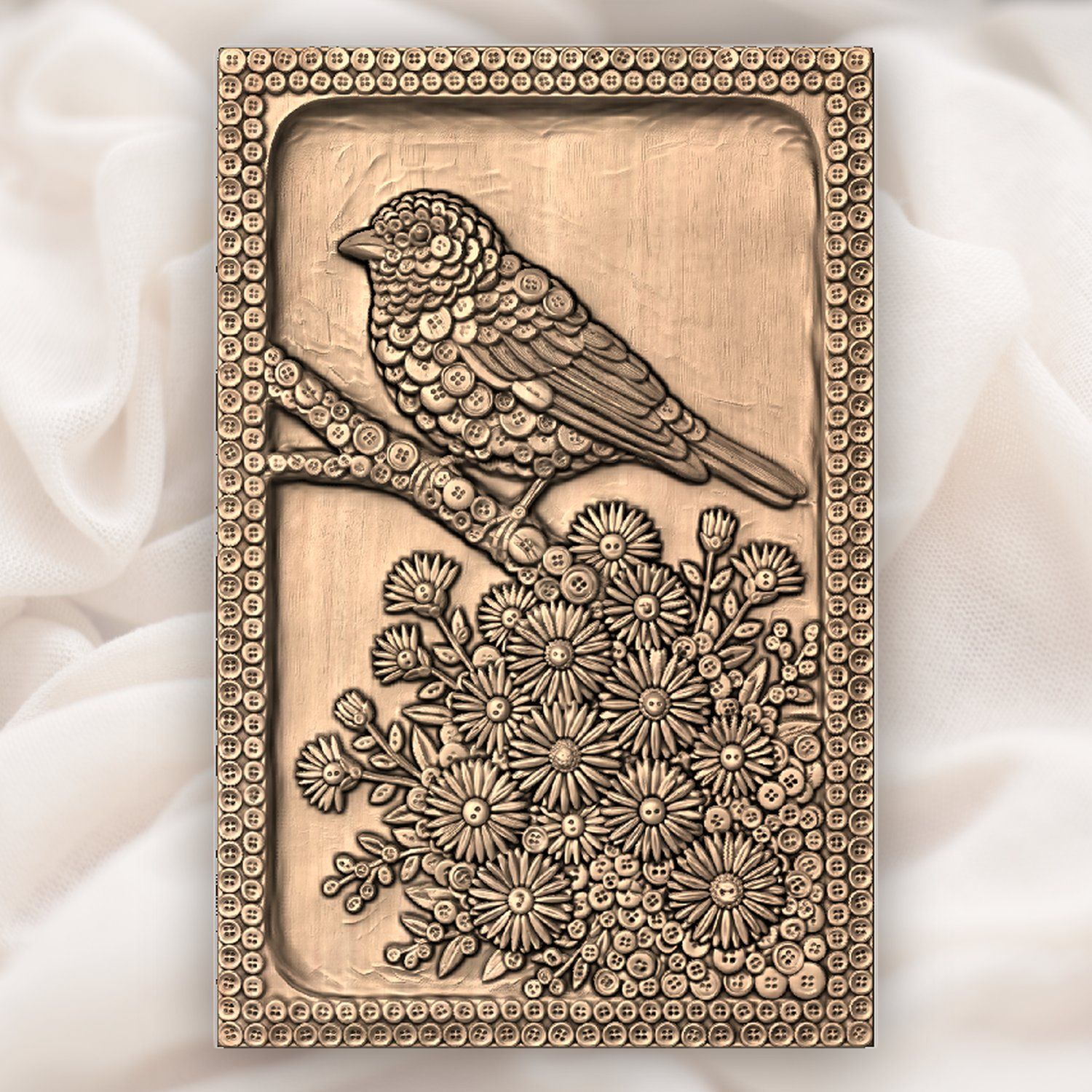 Songbird and Flower Button Mosaic CNC Relief STL bas-relief STL — view 4