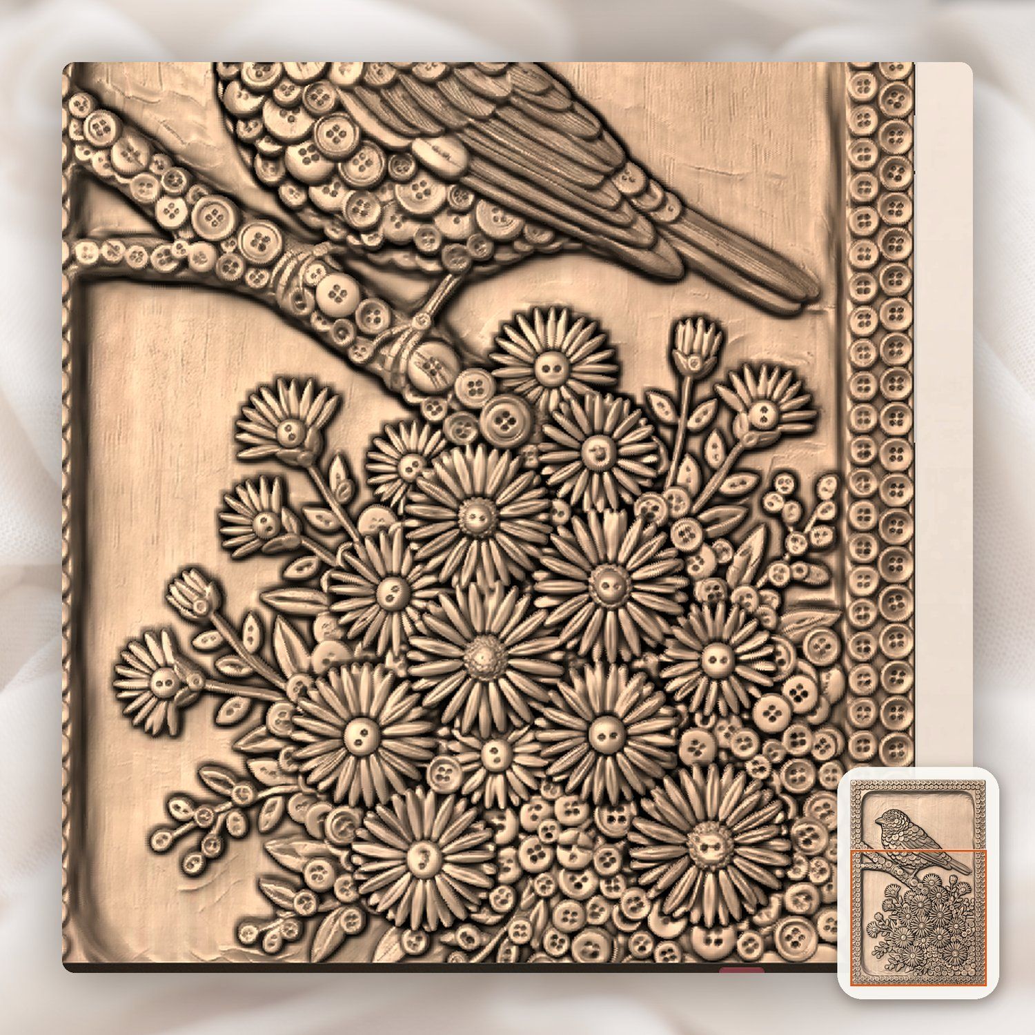 Songbird and Flower Button Mosaic CNC Relief STL bas-relief STL — view 6