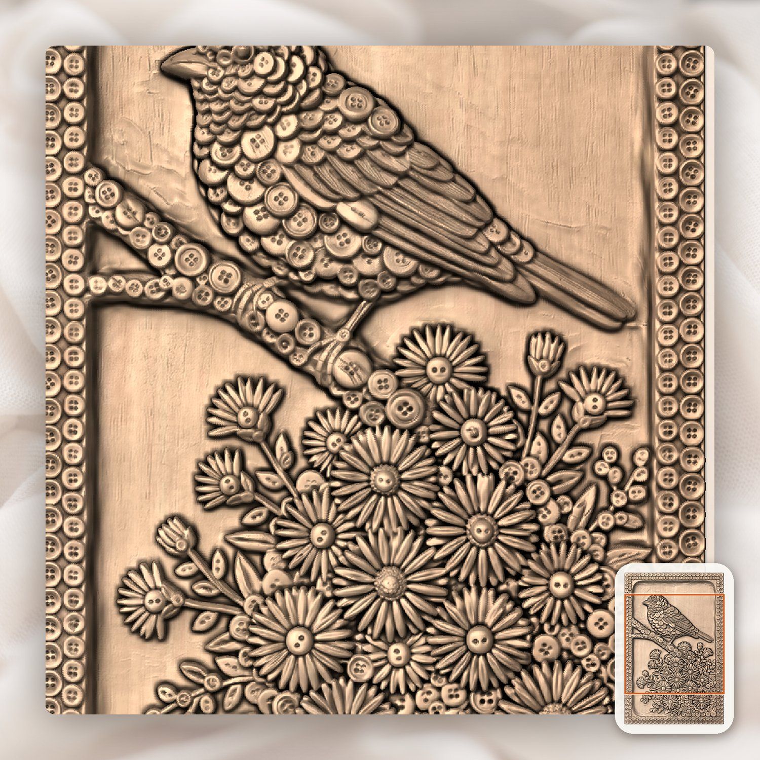 Songbird and Flower Button Mosaic CNC Relief STL bas-relief STL — view 7