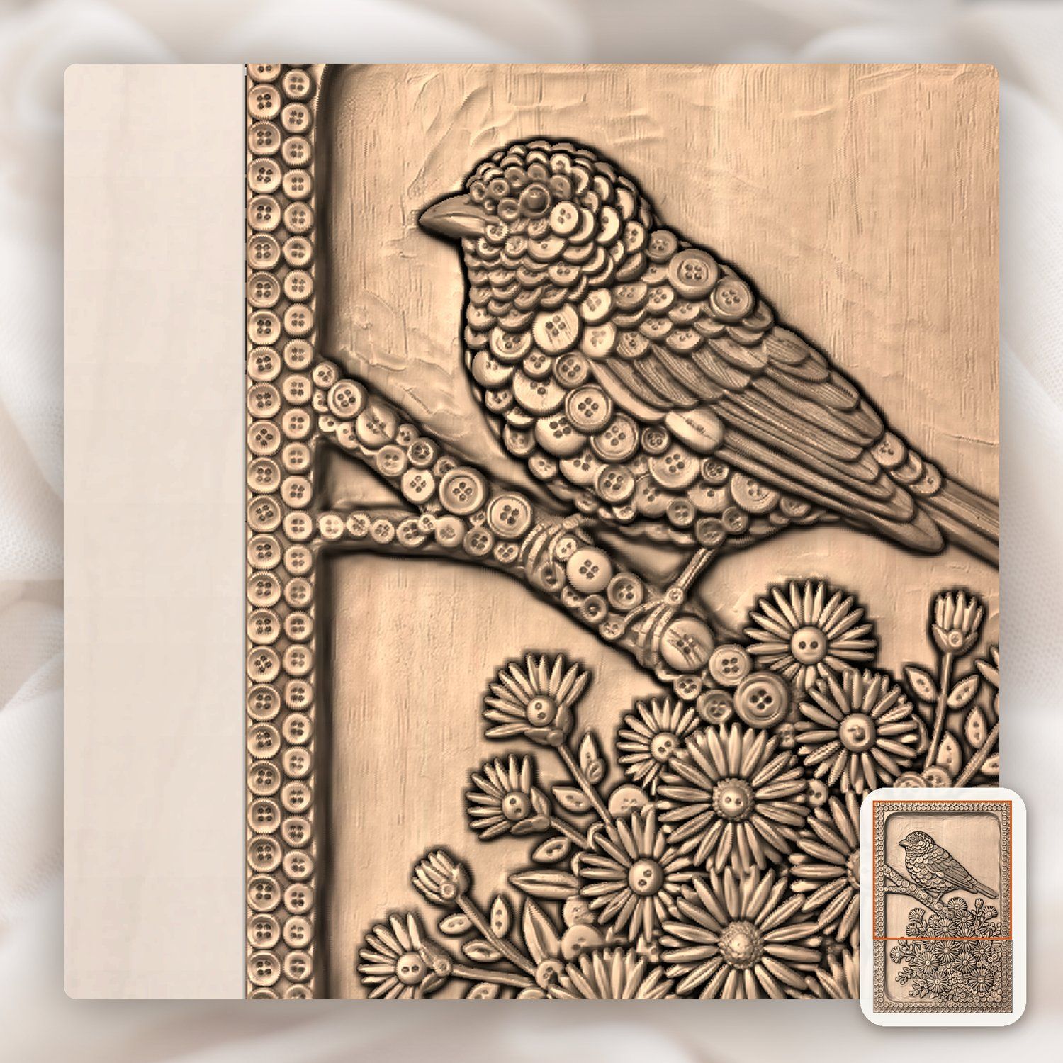 Songbird and Flower Button Mosaic CNC Relief STL bas-relief STL — view 8