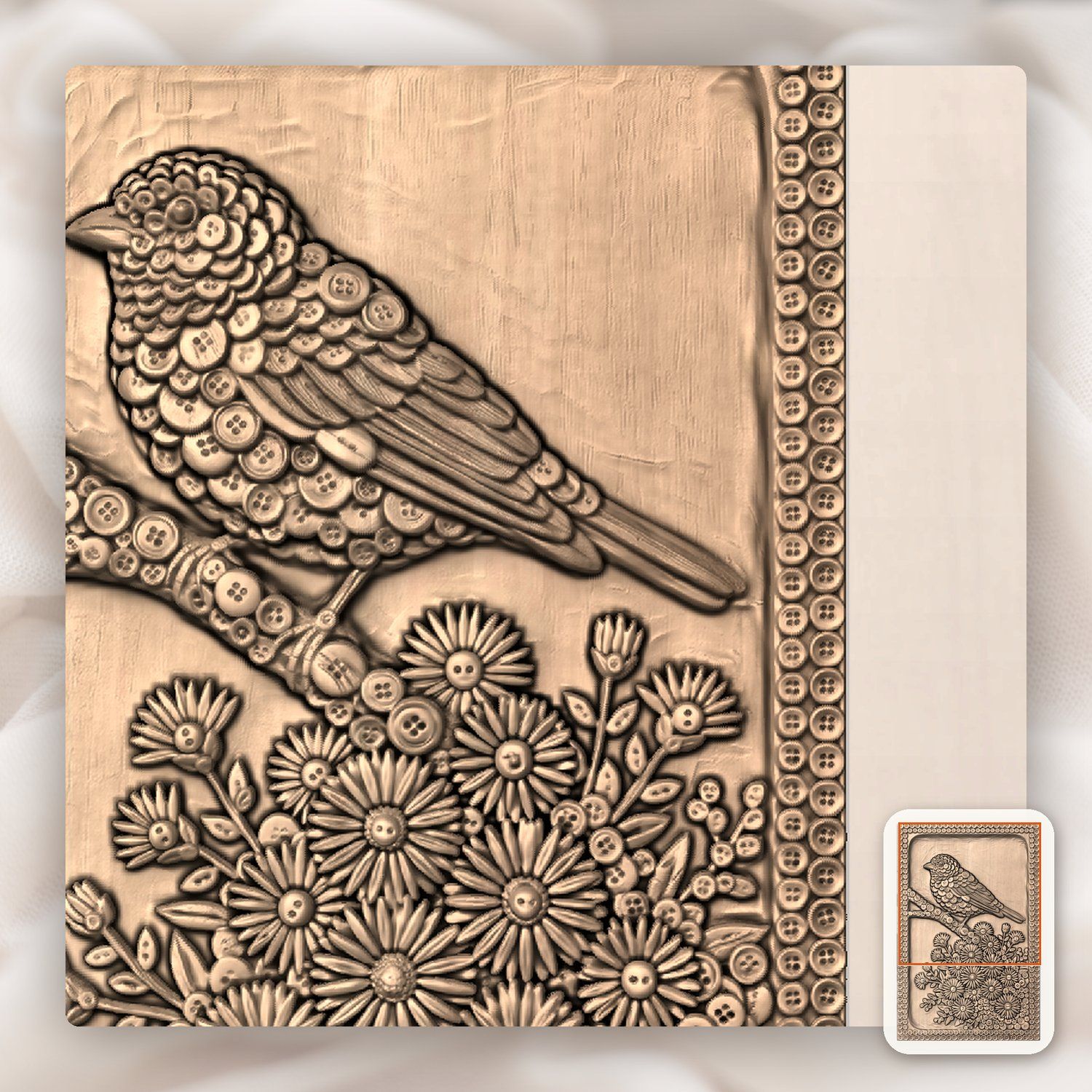 Songbird and Flower Button Mosaic CNC Relief STL bas-relief STL — view 9
