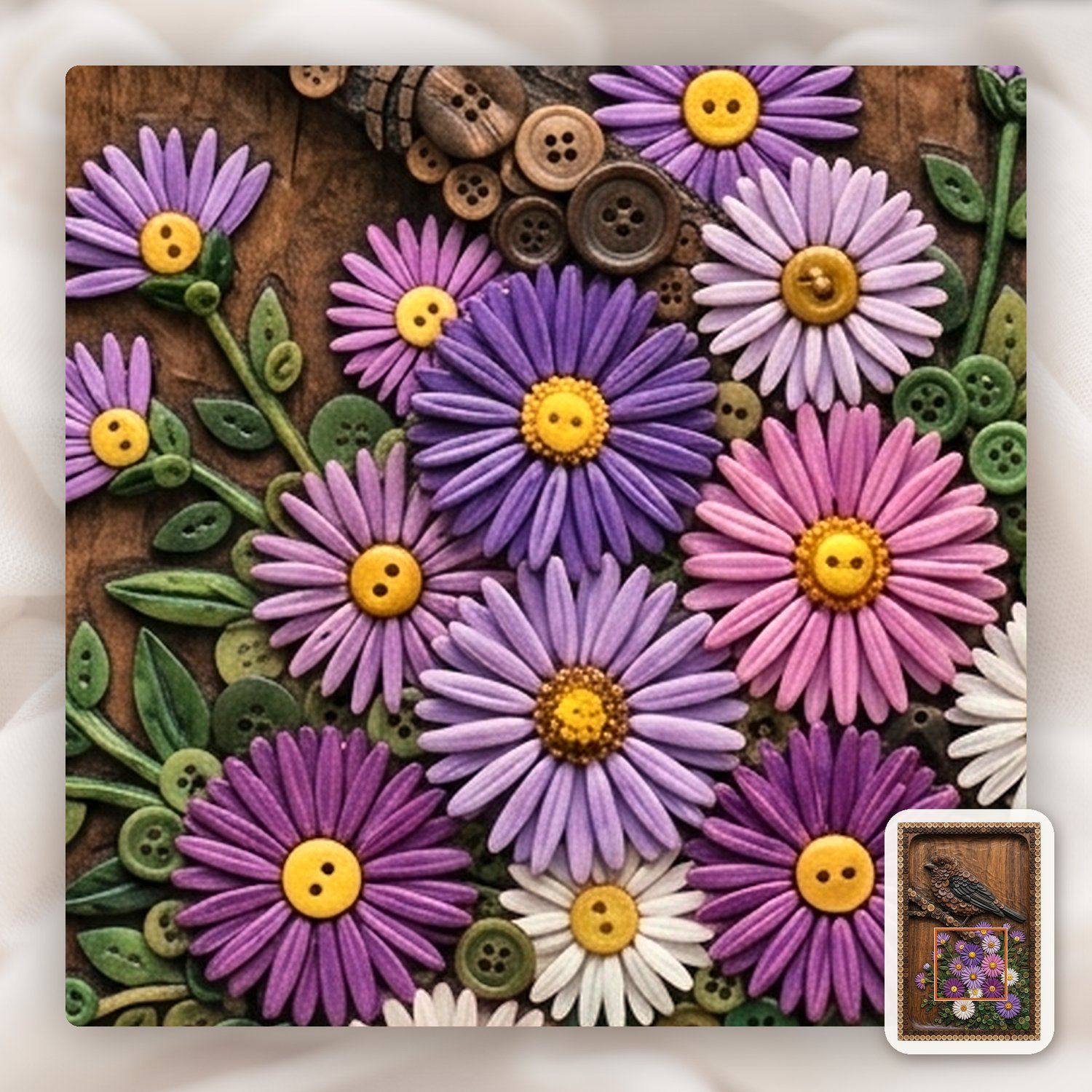 Songbird and Flower Button Mosaic CNC Relief STL bas-relief STL — view 10