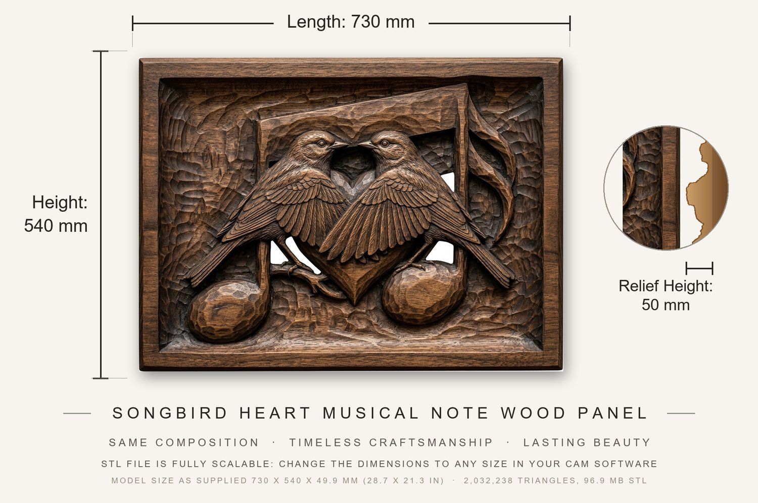 Songbird Heart Musical Note Wood Panel CNC Relief STL bas-relief STL — view 3
