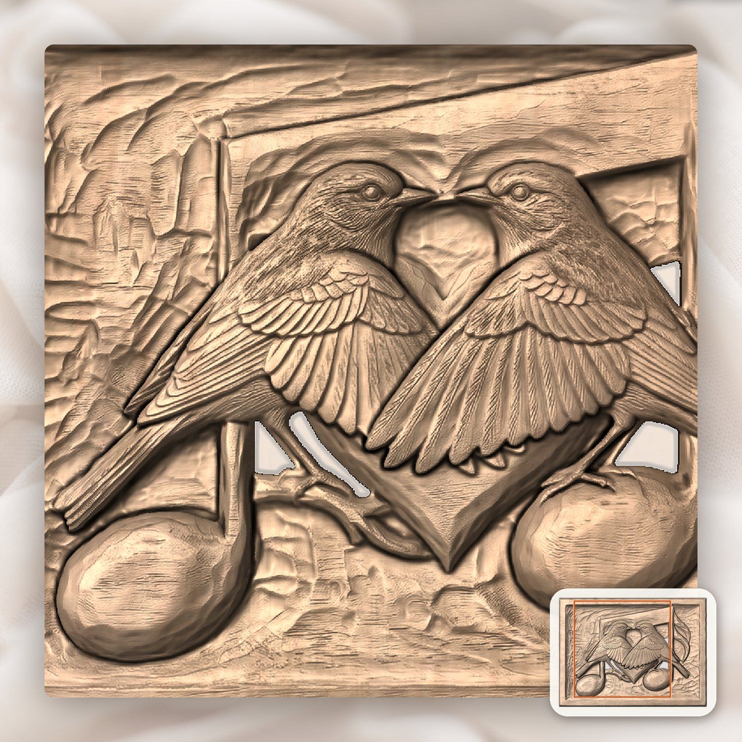 Songbird Heart Musical Note Wood Panel CNC Relief STL bas-relief STL — view 6