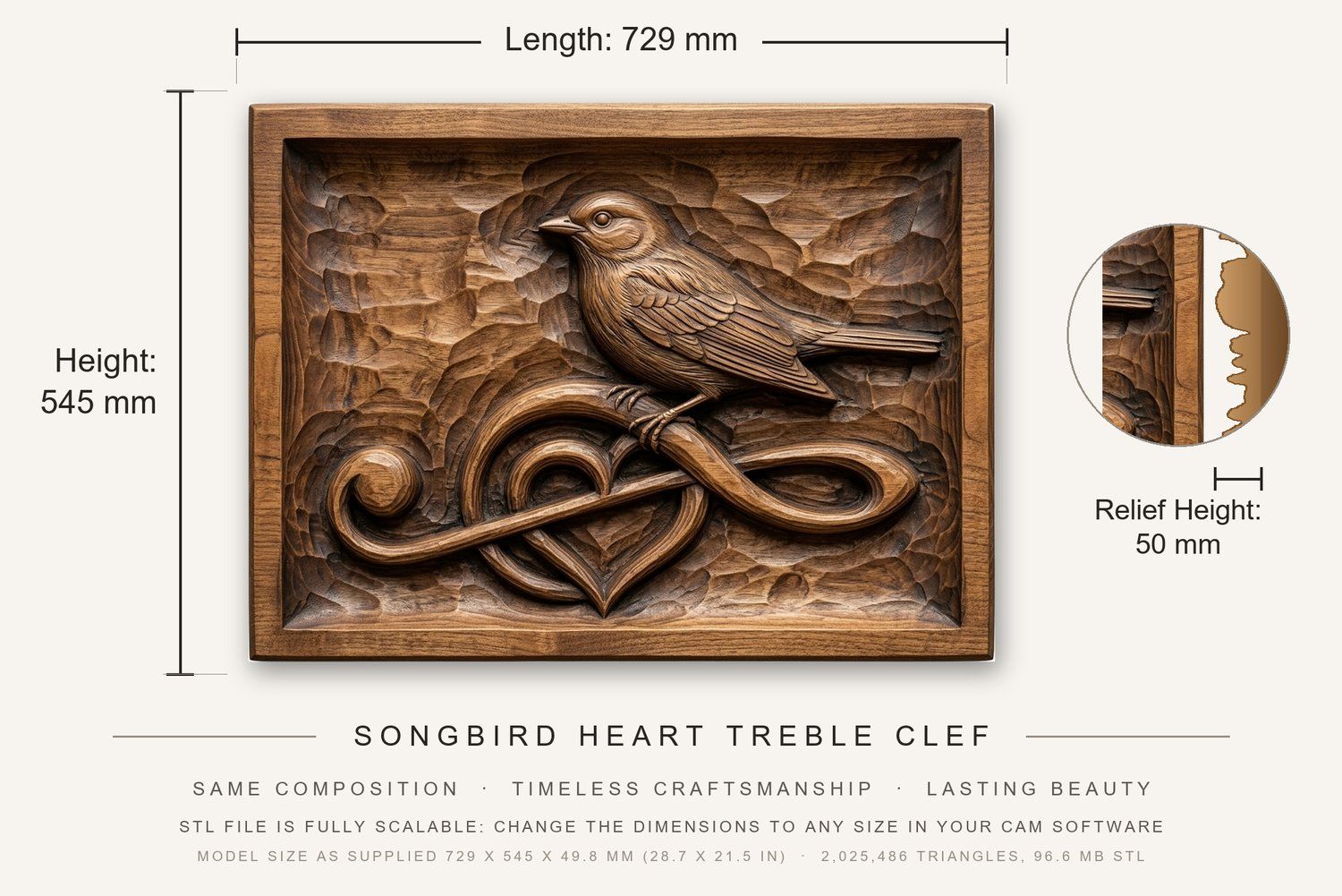 Songbird Heart Treble Clef CNC Relief STL bas-relief STL — view 3