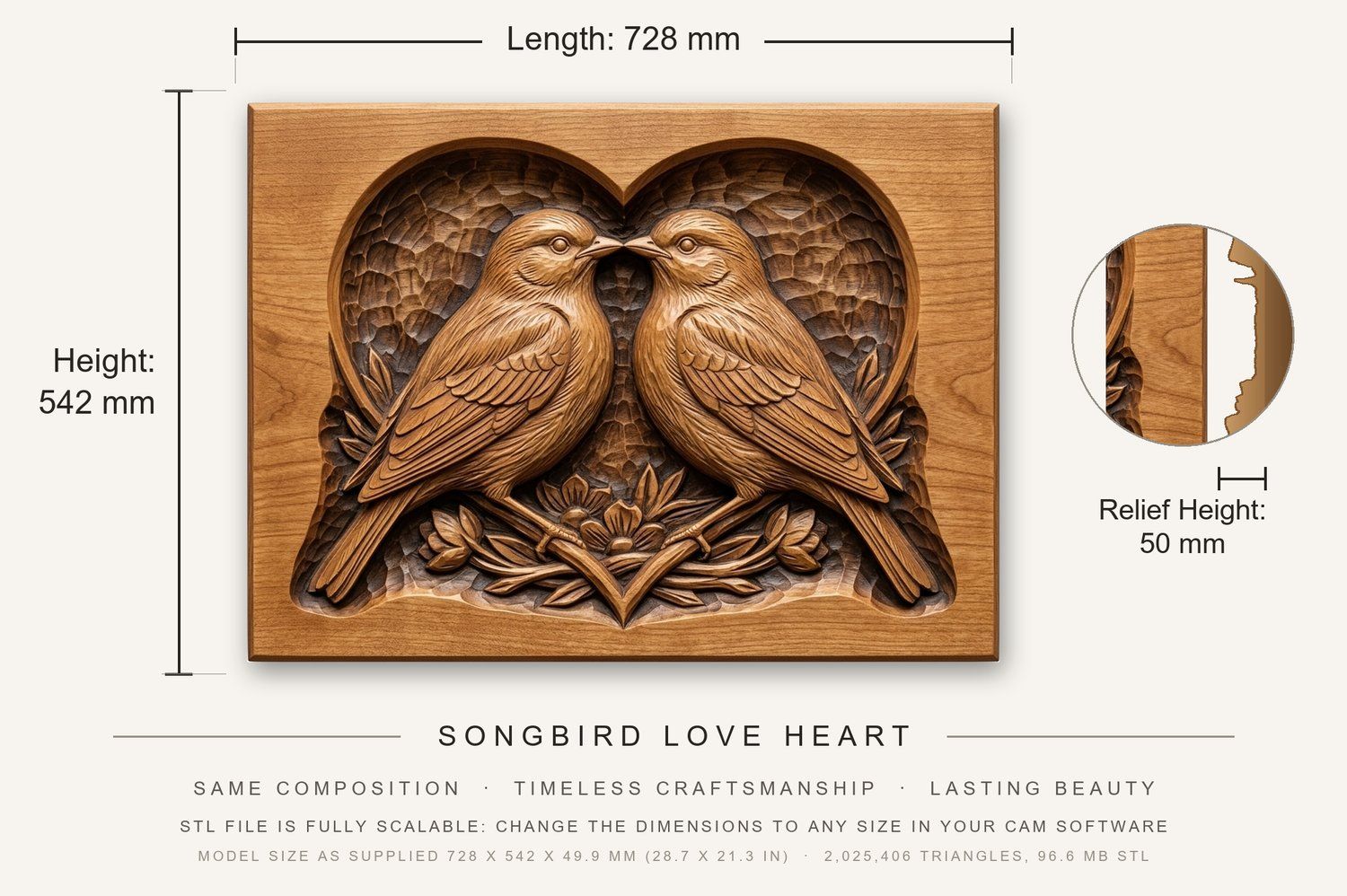 Songbird Love Heart CNC Relief STL bas-relief STL — view 3