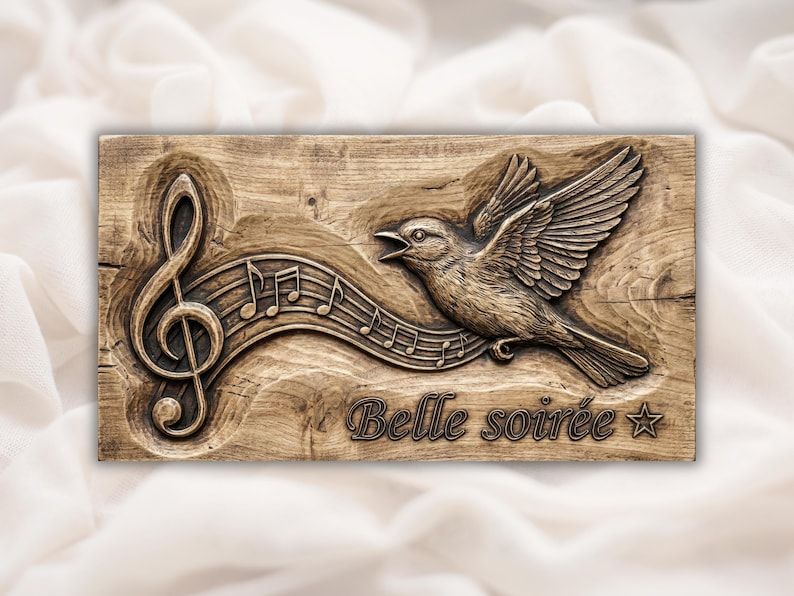 Carved wood relief of a singing songbird flying over a music staff with treble clef and script text