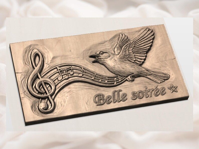 Singing Songbird and Treble Clef Music Staff Relief STL bas-relief STL — view 2