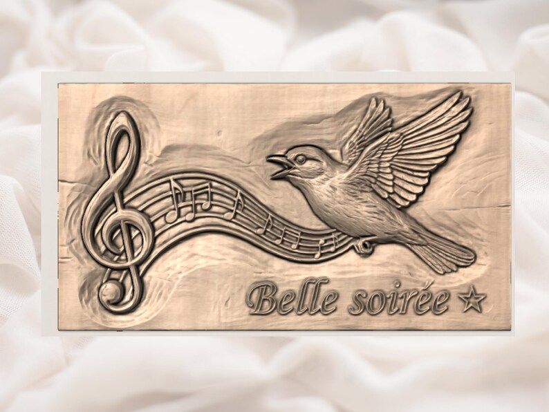 Singing Songbird and Treble Clef Music Staff Relief STL bas-relief STL — view 3