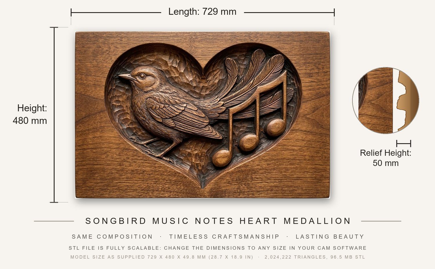 Songbird Music Notes Heart Medallion CNC Relief STL bas-relief STL — view 3