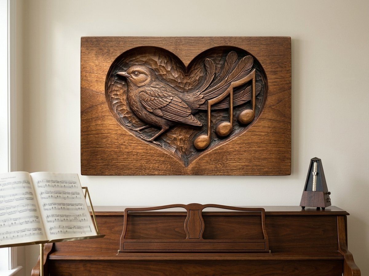 Songbird Music Notes Heart Medallion CNC Relief STL bas-relief STL — view 13