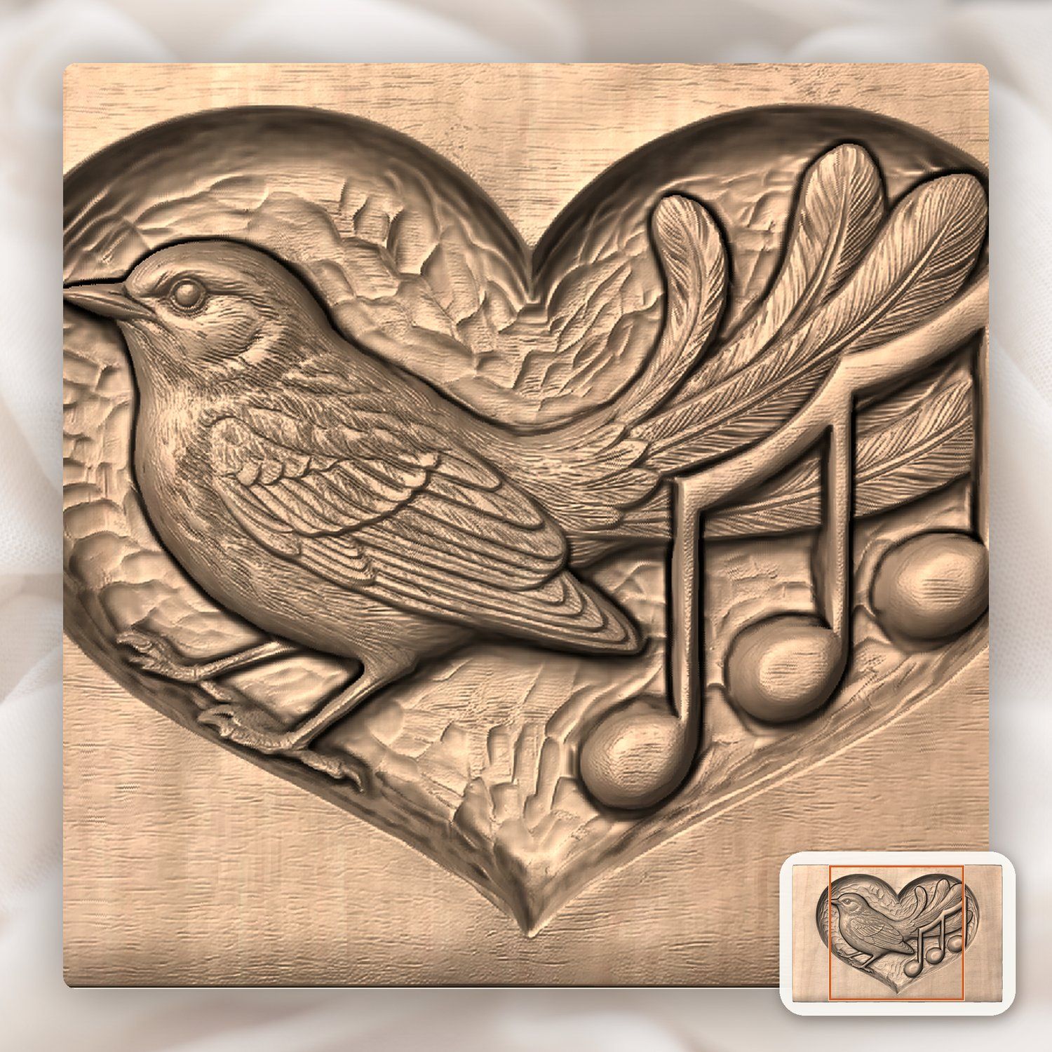 Songbird Music Notes Heart Medallion CNC Relief STL bas-relief STL — view 7