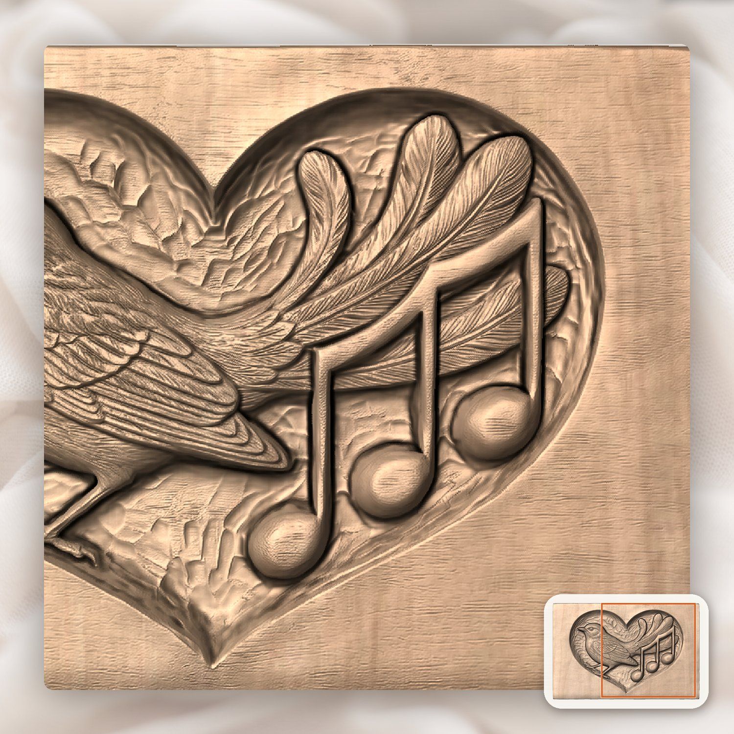 Songbird Music Notes Heart Medallion CNC Relief STL bas-relief STL — view 8