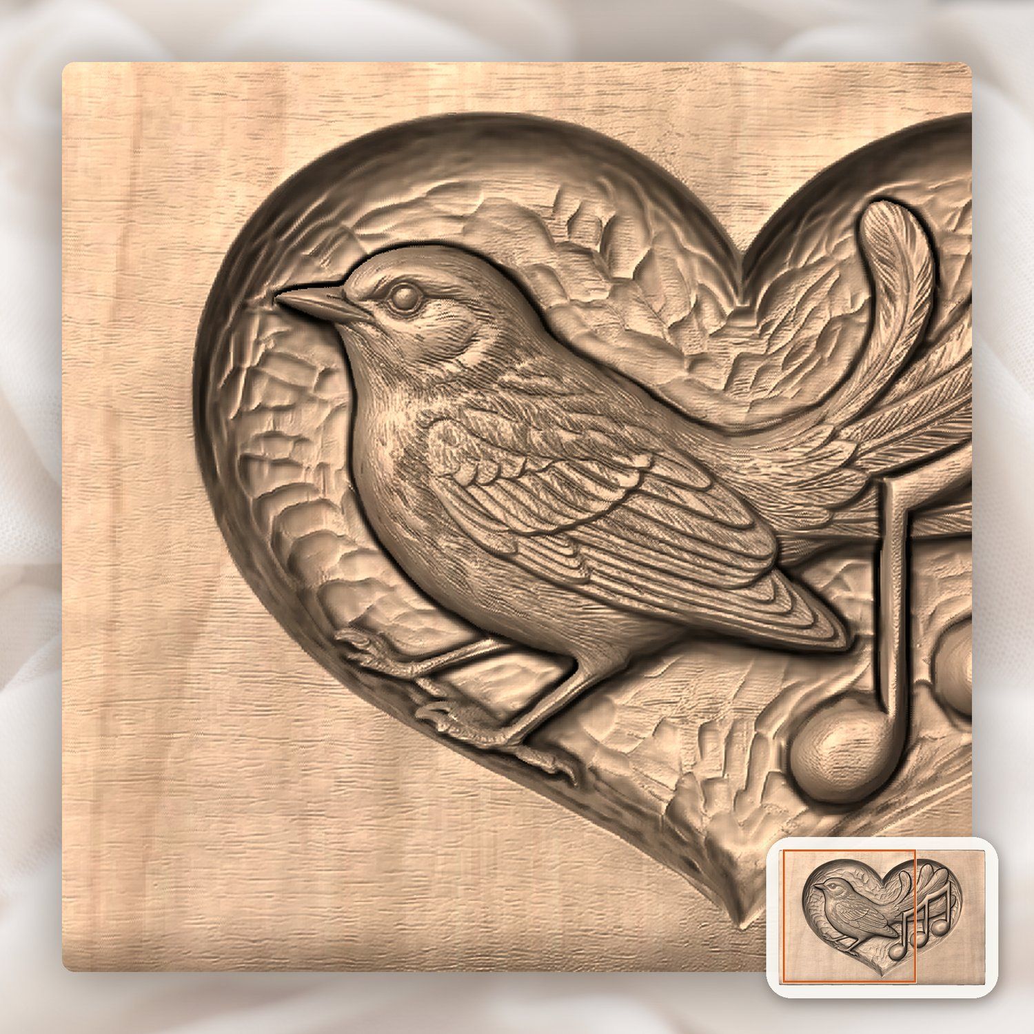 Songbird Music Notes Heart Medallion CNC Relief STL bas-relief STL — view 9