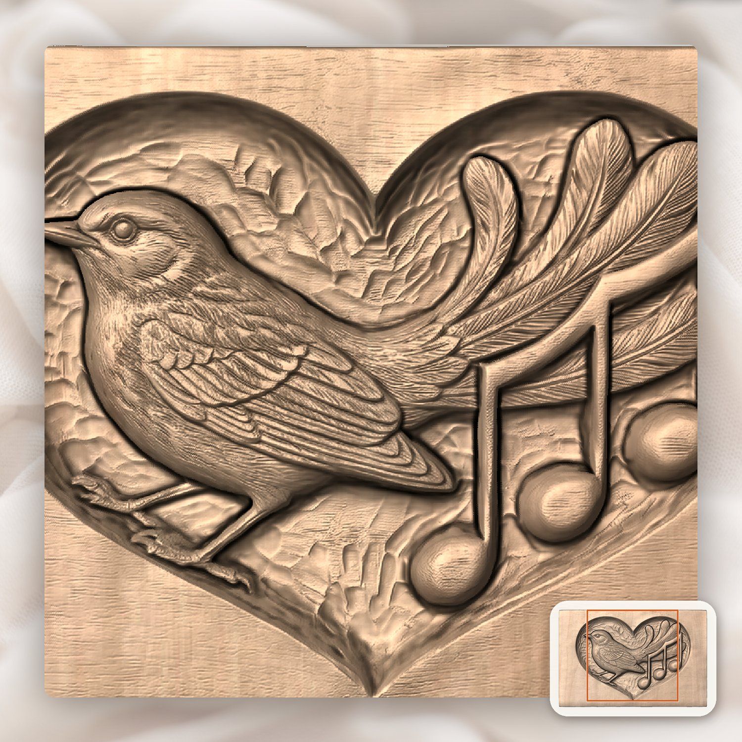 Songbird Music Notes Heart Medallion CNC Relief STL bas-relief STL — view 10