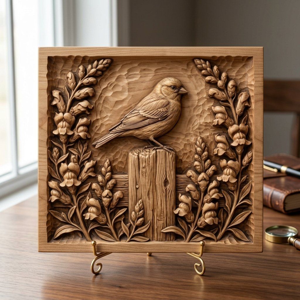 Songbird On Fence Post Nature Scene CNC Relief STL bas-relief STL — view 6