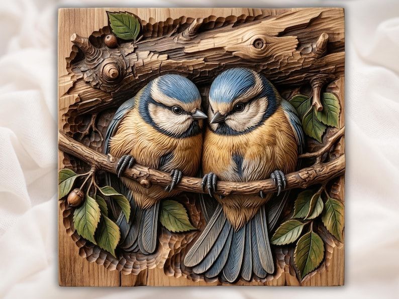 Bas-relief wood carving of two blue tit birds cuddled together on a branch with leaves, bark, and acorns