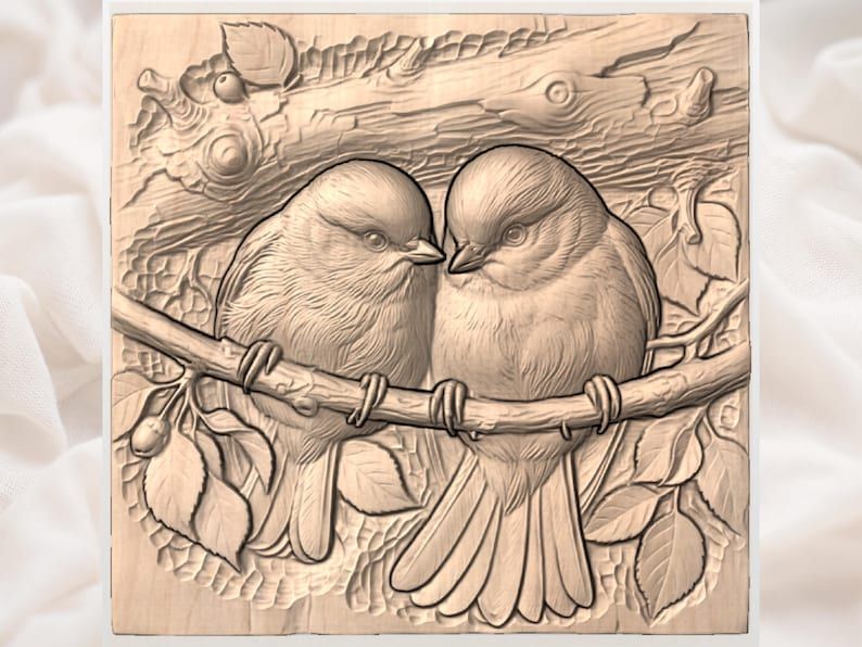 Two Blue Tits on a Branch Bas-Relief STL Carving bas-relief STL — view 2