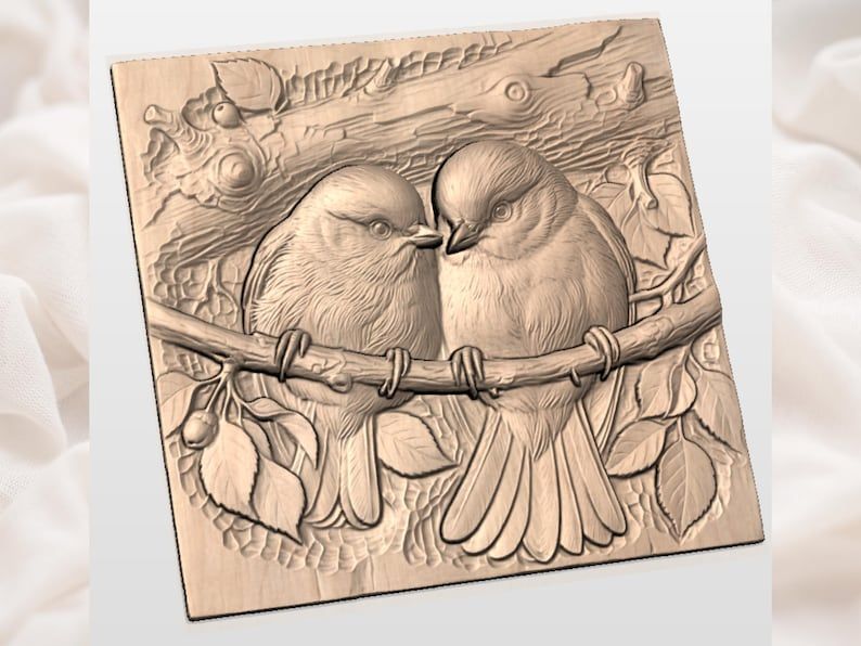 Two Blue Tits on a Branch Bas-Relief STL Carving bas-relief STL — view 3
